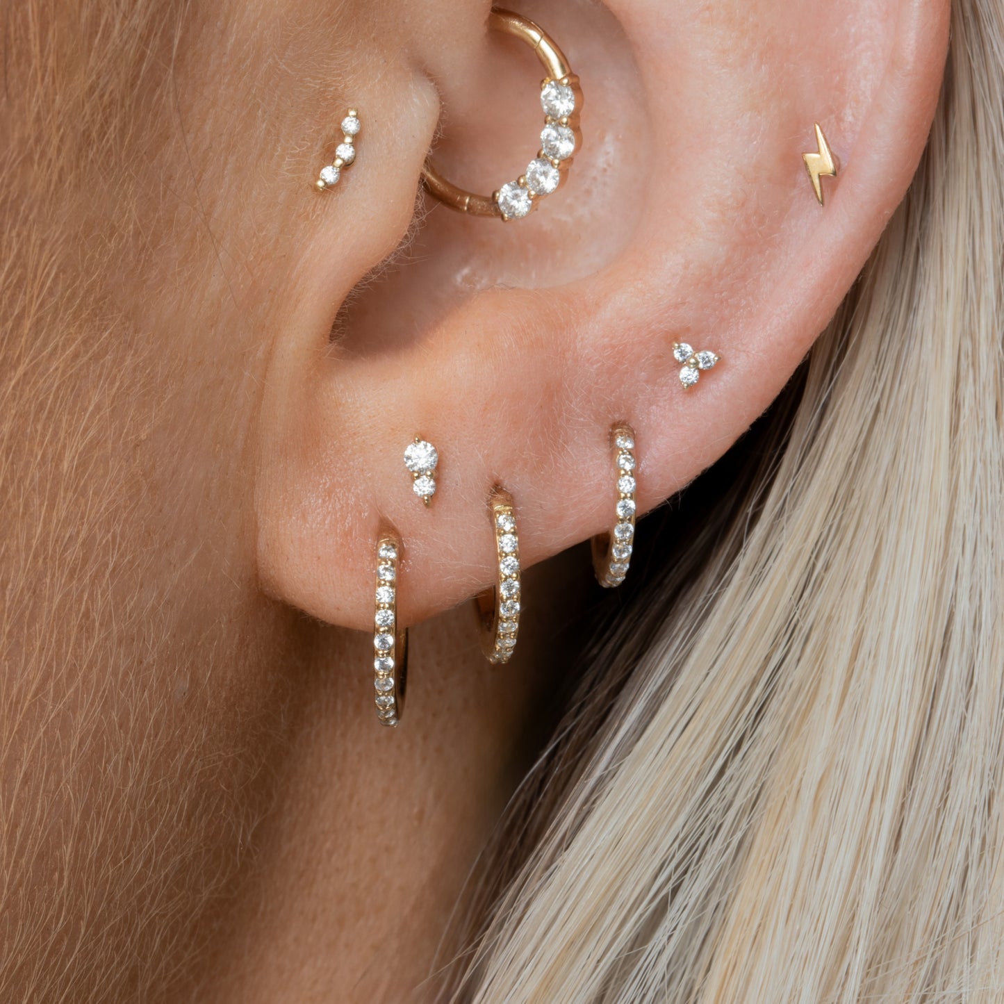 Laura Bond Jewellery 14k solid yellow gold tiny trio flat back labret stud earring 8mm Cartilage Studs