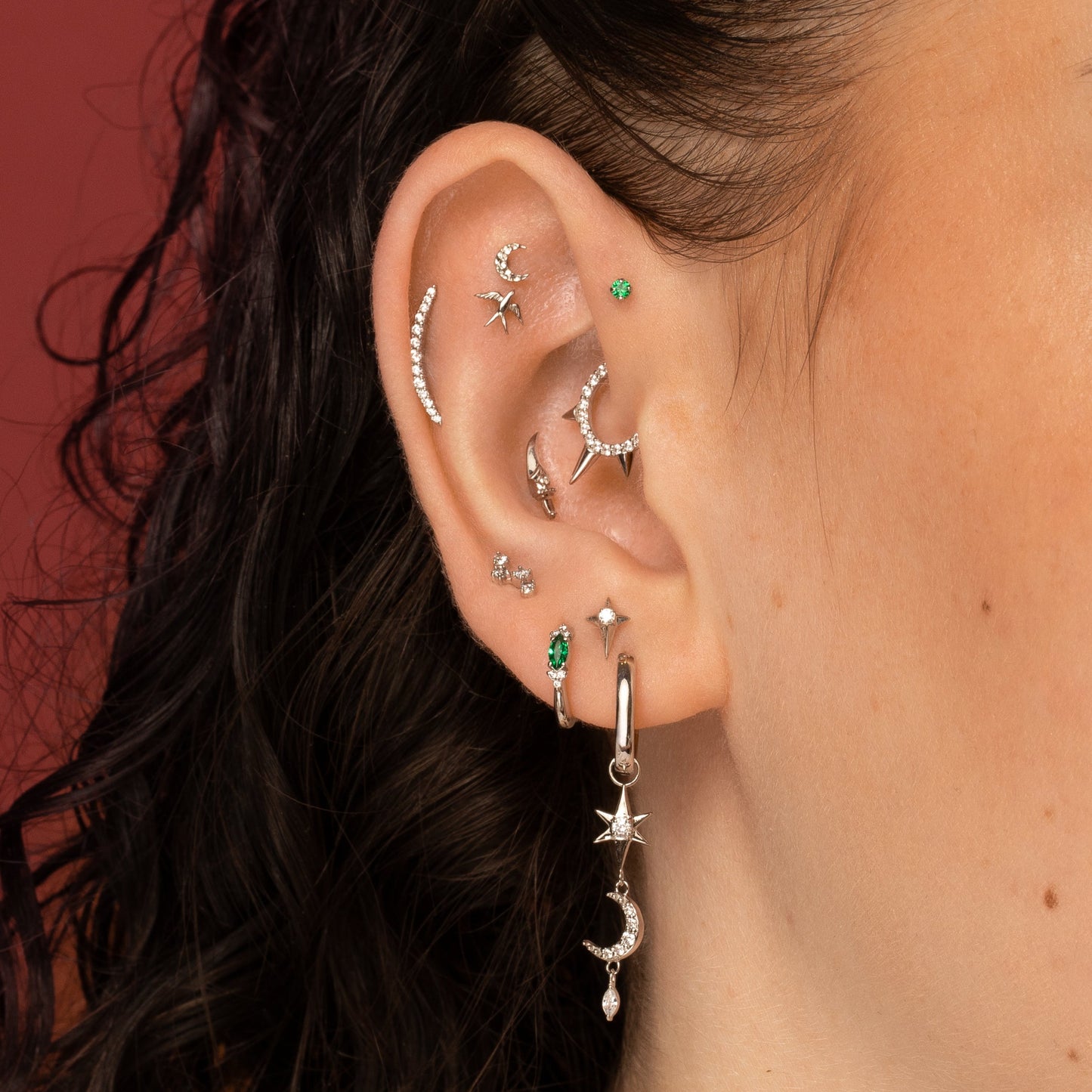 Laura Bond Jewellery 9k solid white gold Zira curved dagger flat back labret stud earring Cartilage Studs