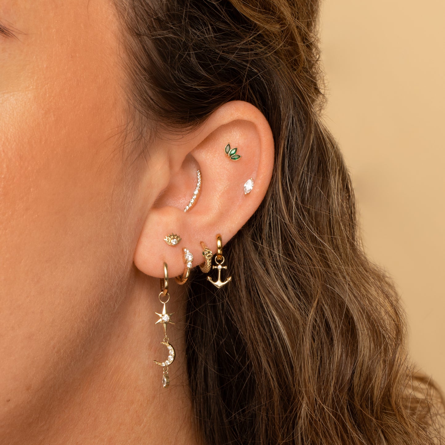 Laura Bond Jewellery Bold and Gold Edinburgh 14k solid yellow gold Oria eye flat back labret stud earring Cartilage Studs