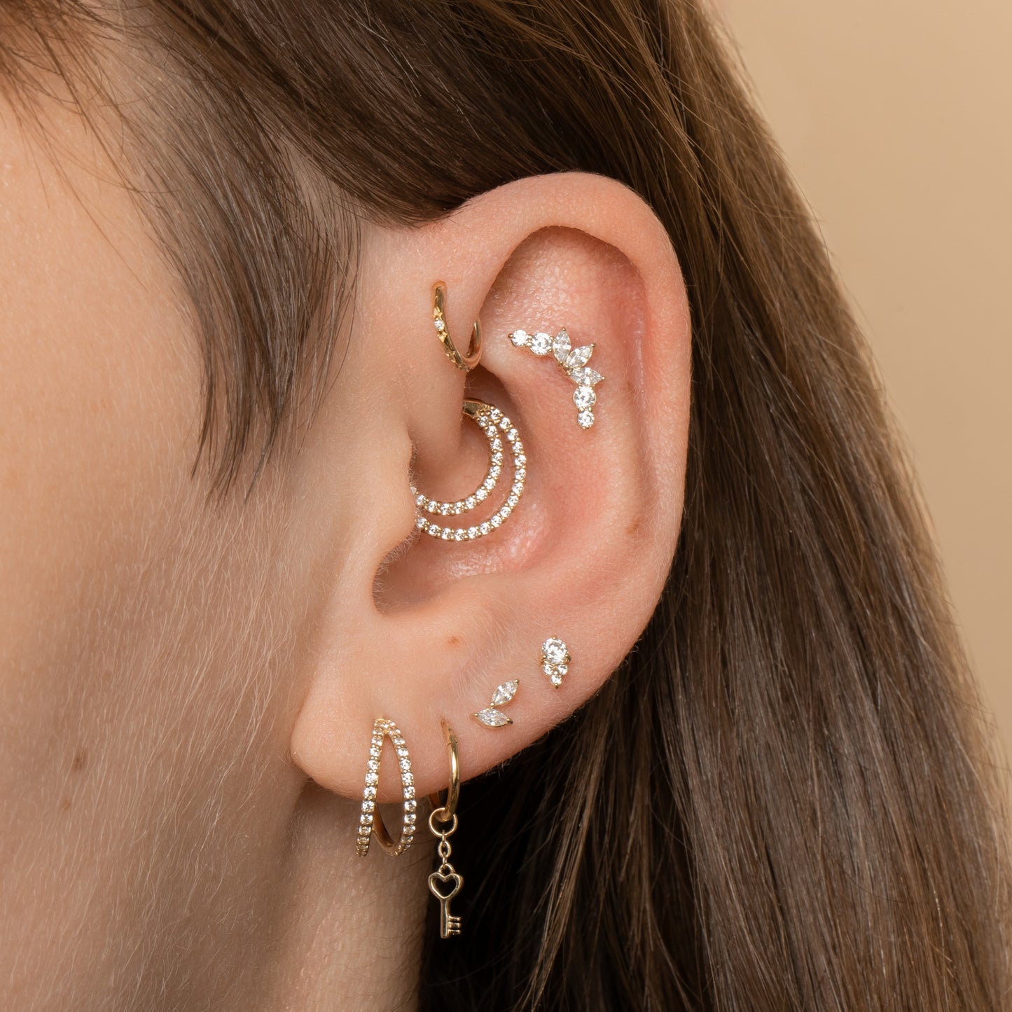 Laura Bond Jewellery 9k solid yellow gold Twin Bloom flat back labret stud earring 6mm Cartilage Studs