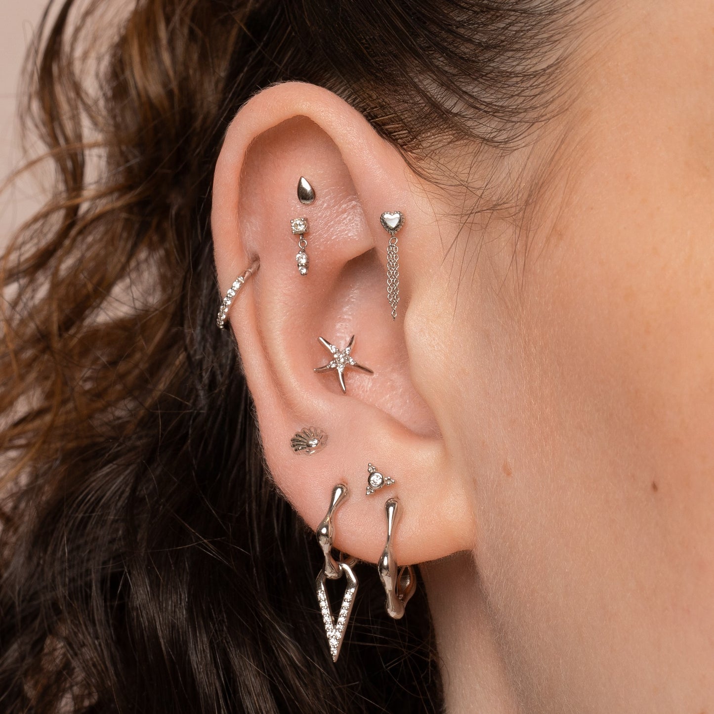 Laura Bond Jewellery 14k solid white gold Mother of Pearl chain flat back labret stud earring Cartilage Studs