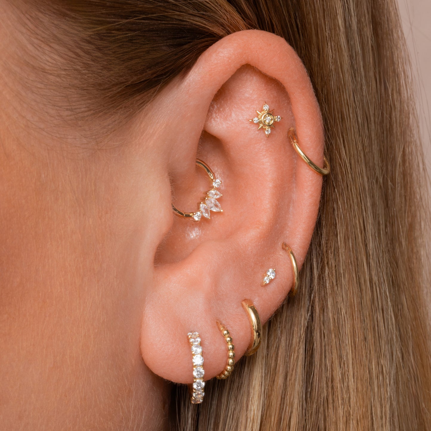 14k solid yellow gold Sunlit flat back labret stud earring 8mm Cartilage Studs Laura Bond Jewellery