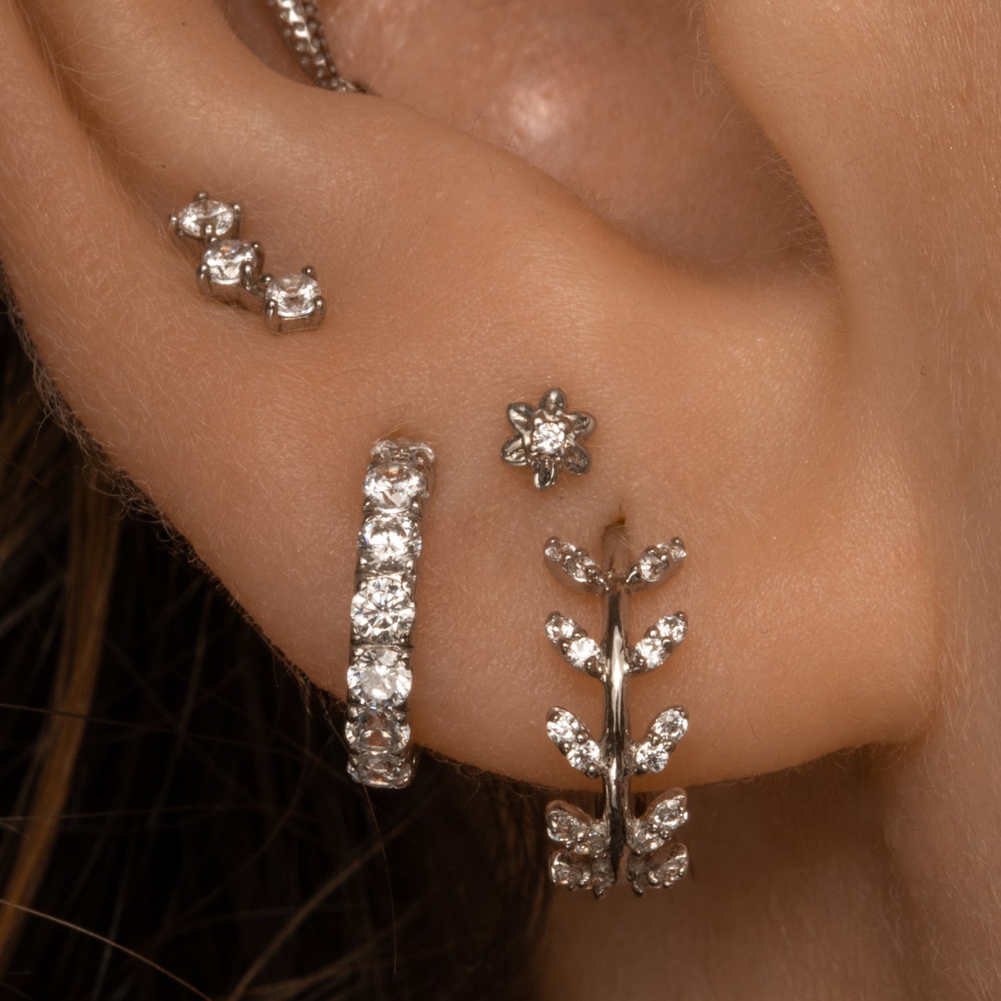 Laura Bond Jewellery Bold and Gold Edinburgh 9k solid white gold Aphrodite vine leaf huggie earring pair Earring Pairs