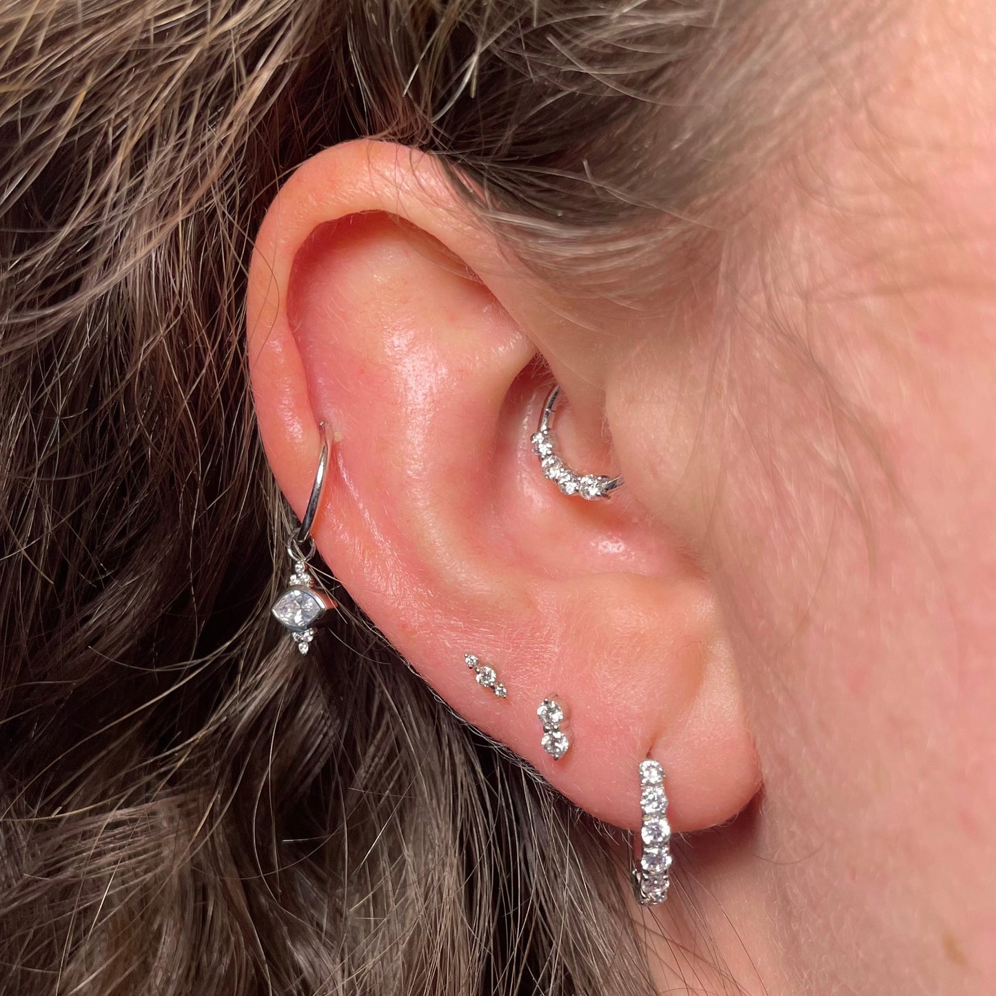 Laura Bond Jewellery 14k solid white gold double diamond flat back labret stud earring Cartilage Studs