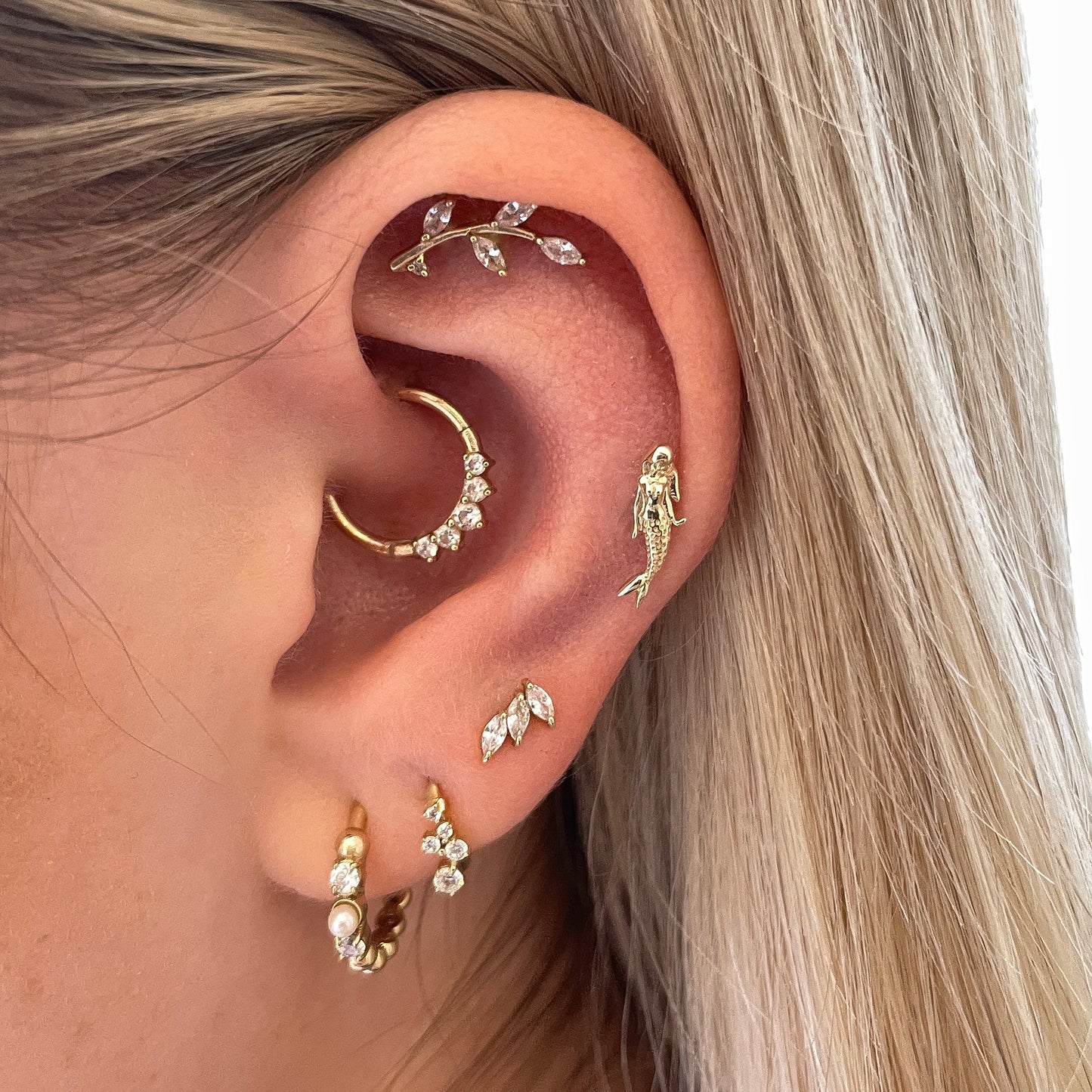 Laura Bond Jewellery 9k solid yellow gold mermaid flat back labret stud earring 6mm (left) Cartilage Studs