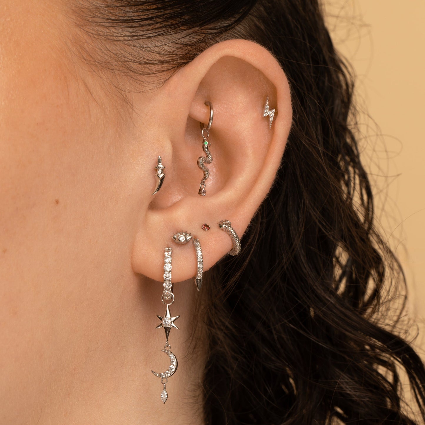 Laura Bond Jewellery 9k solid white gold Ouroboros Snake clicker hoop earring Huggies and Hoops