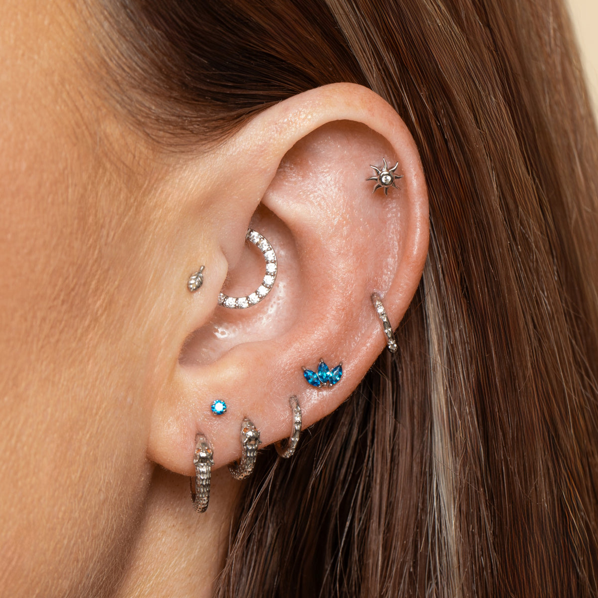 14k solid white gold tiny Leaf flat back labret stud earring 8mm Cartilage Studs Laura Bond Jewellery