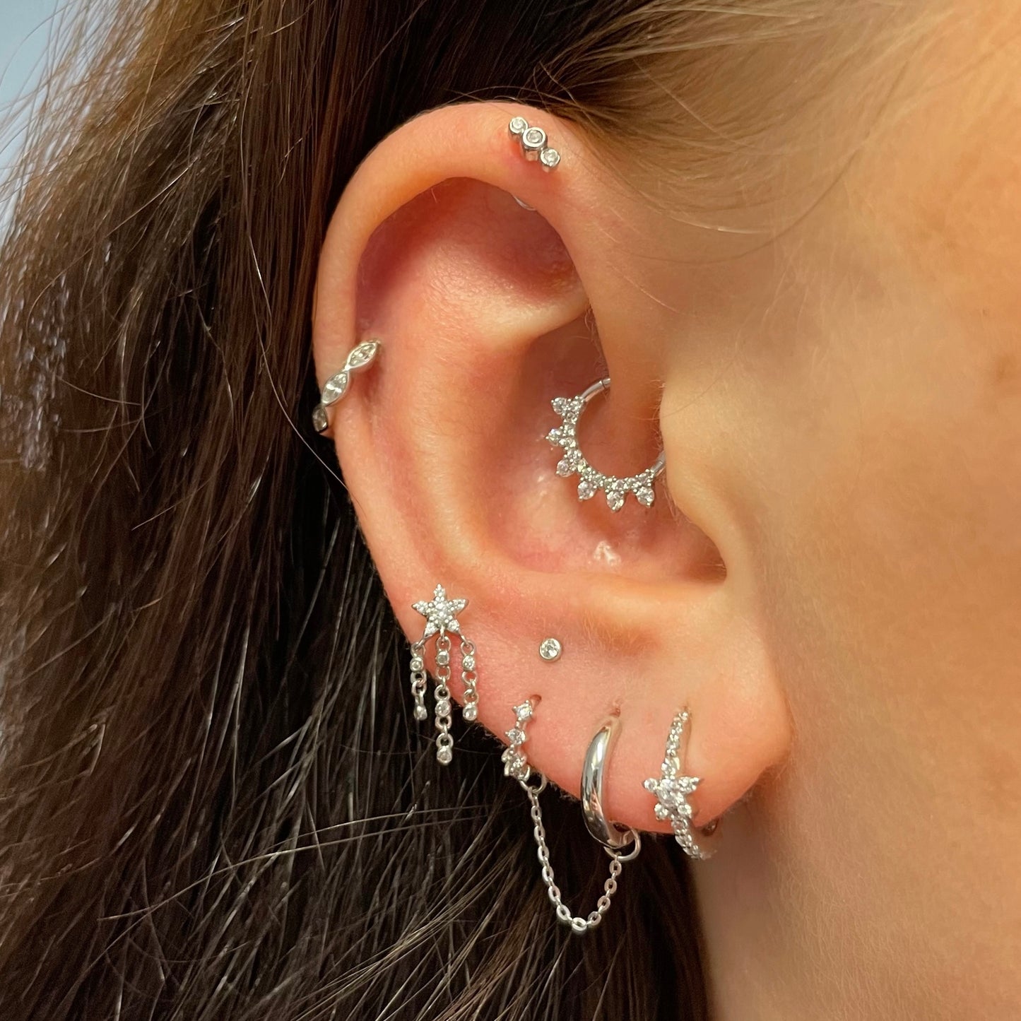 Laura Bond 14k solid white gold shooting star flat back labret stud earring 8mm Cartilage Studs