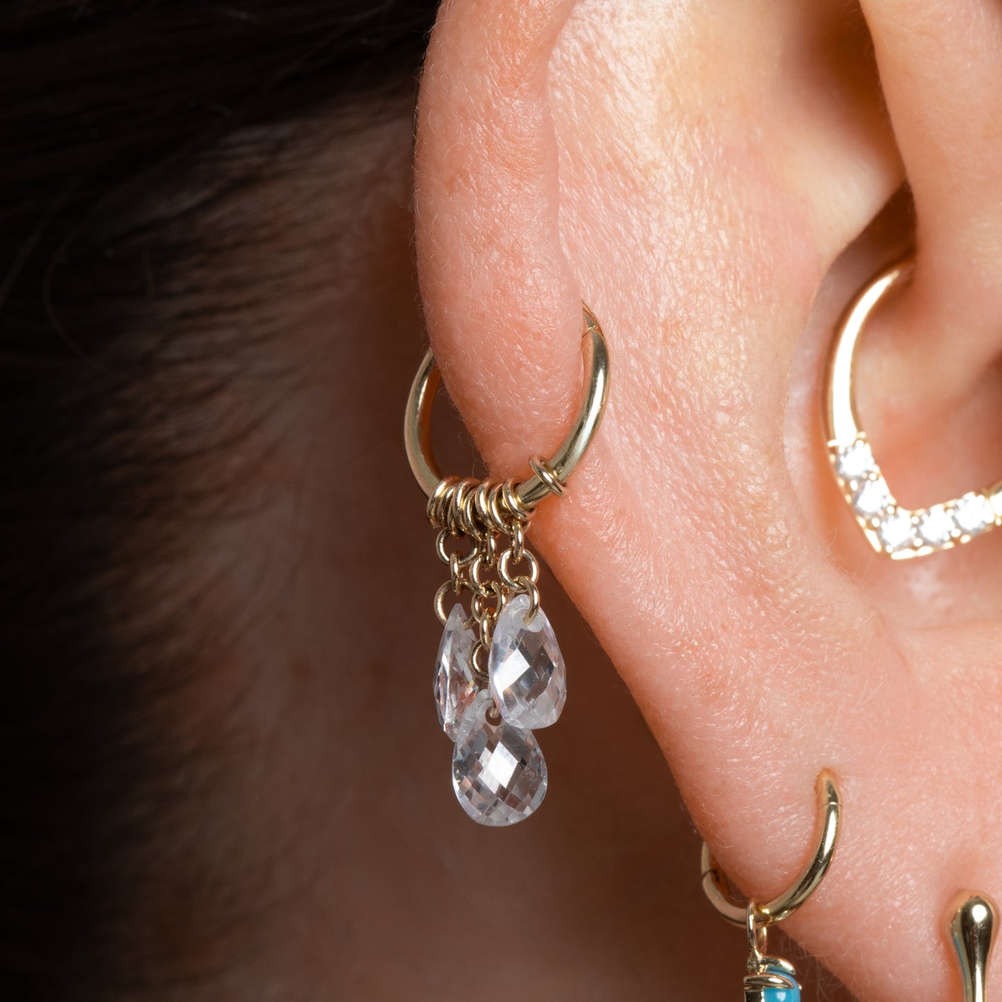 9k solid yellow gold Pure Shores 3 crystal charm clicker hoop earring 8mm Huggies and Hoops Laura Bond Jewellery