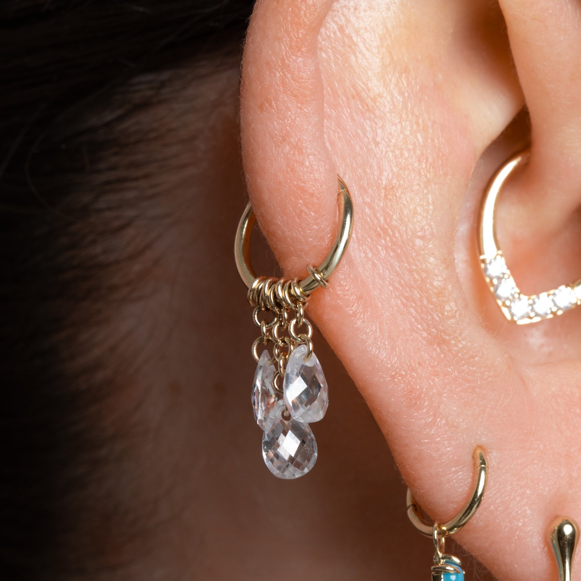 9k solid yellow gold Pure Shores 3 crystal charm clicker hoop earring 8mm Huggies and Hoops Laura Bond Jewellery