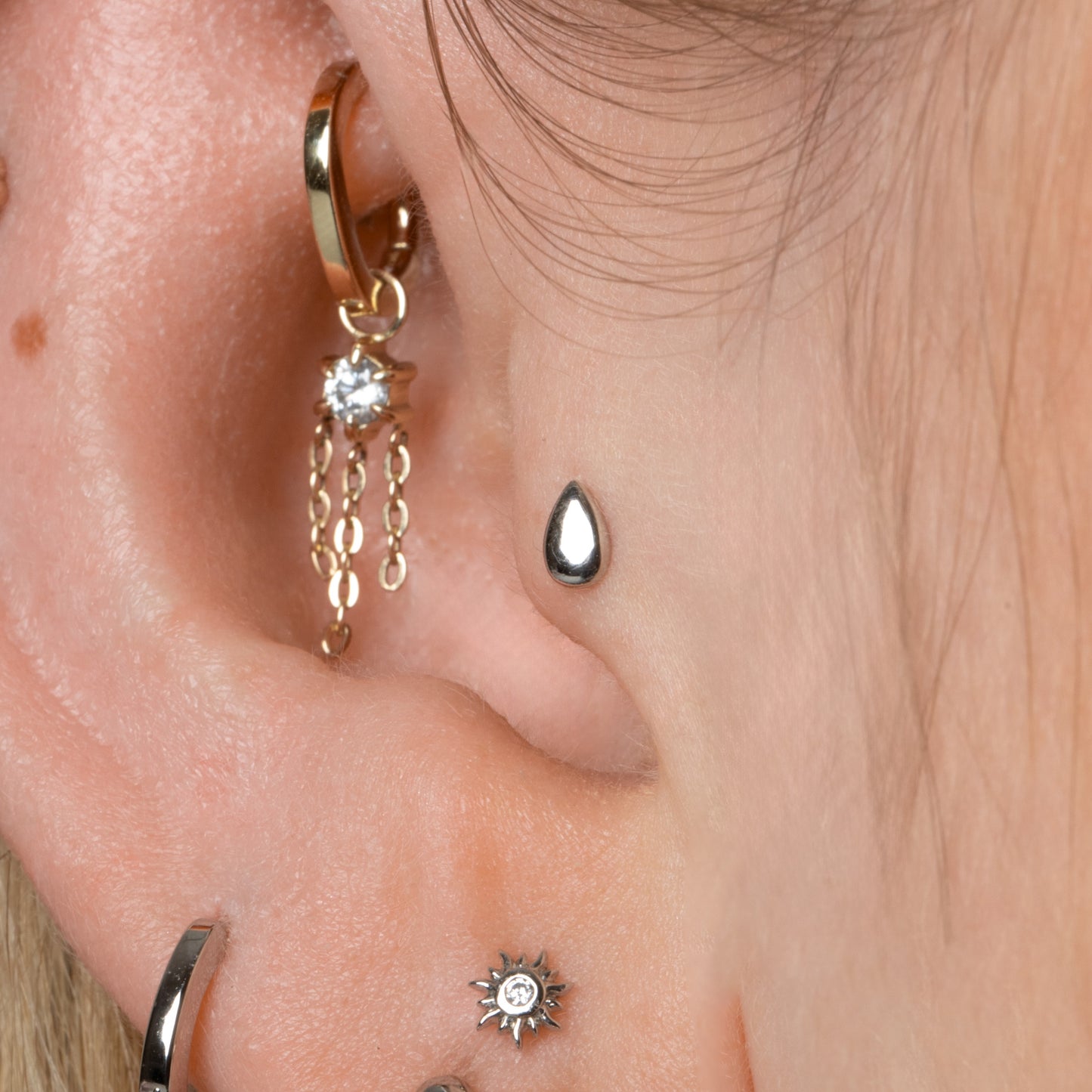 Laura Bond Jewellery 14k solid white gold Droplet flat back labret stud earring Cartilage Studs