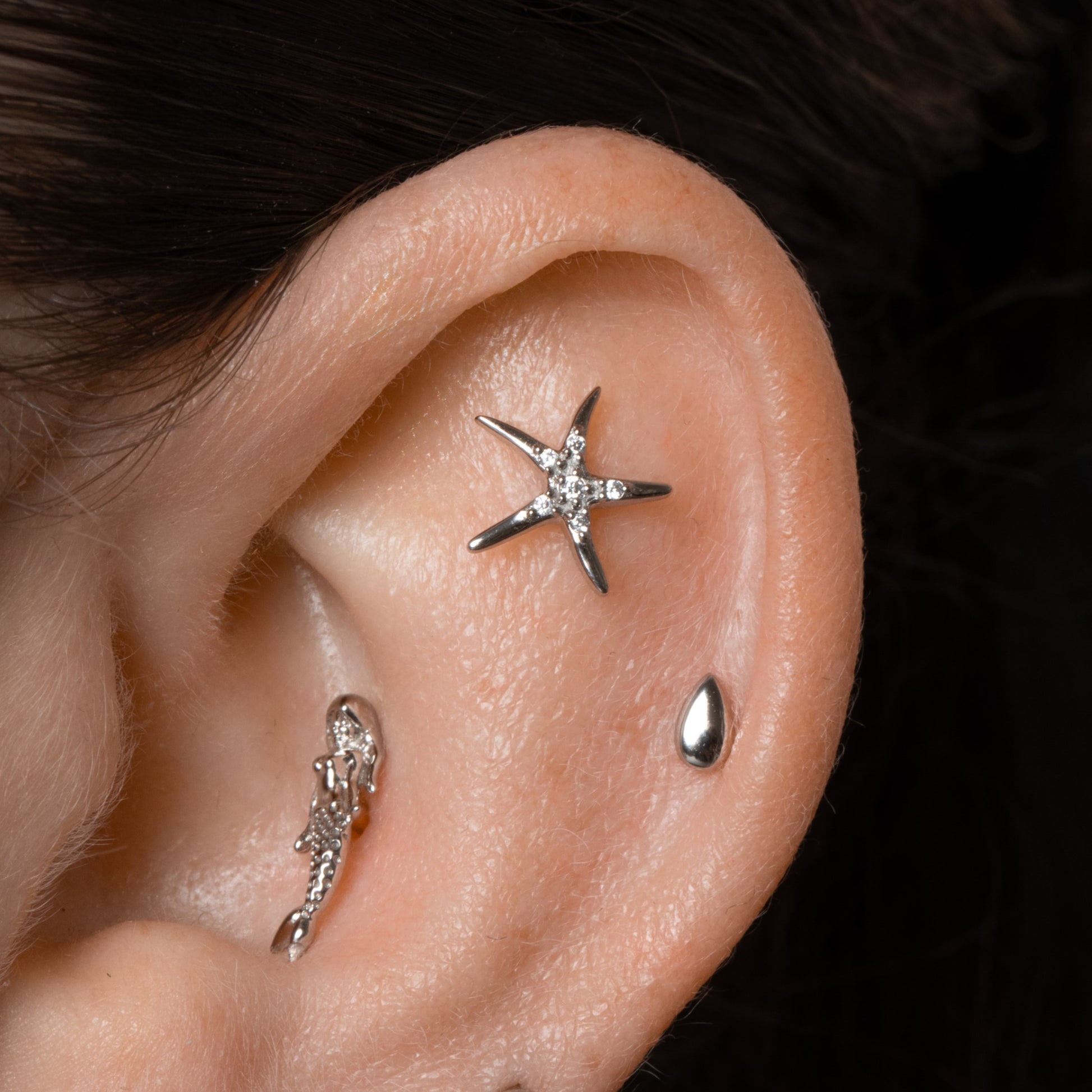 Laura Bond Jewellery 14k solid white gold Droplet flat back labret stud earring Cartilage Studs
