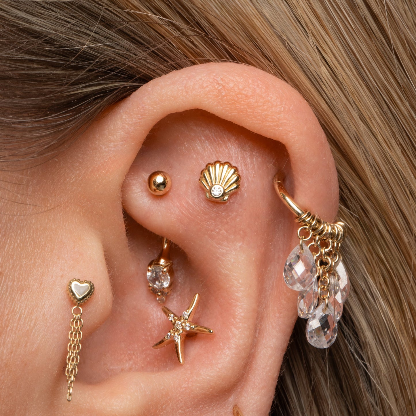 Laura Bond Jewellery 9k solid yellow gold Pure Shores 5 crystal charm clicker hoop earring 8mm Huggies and Hoops