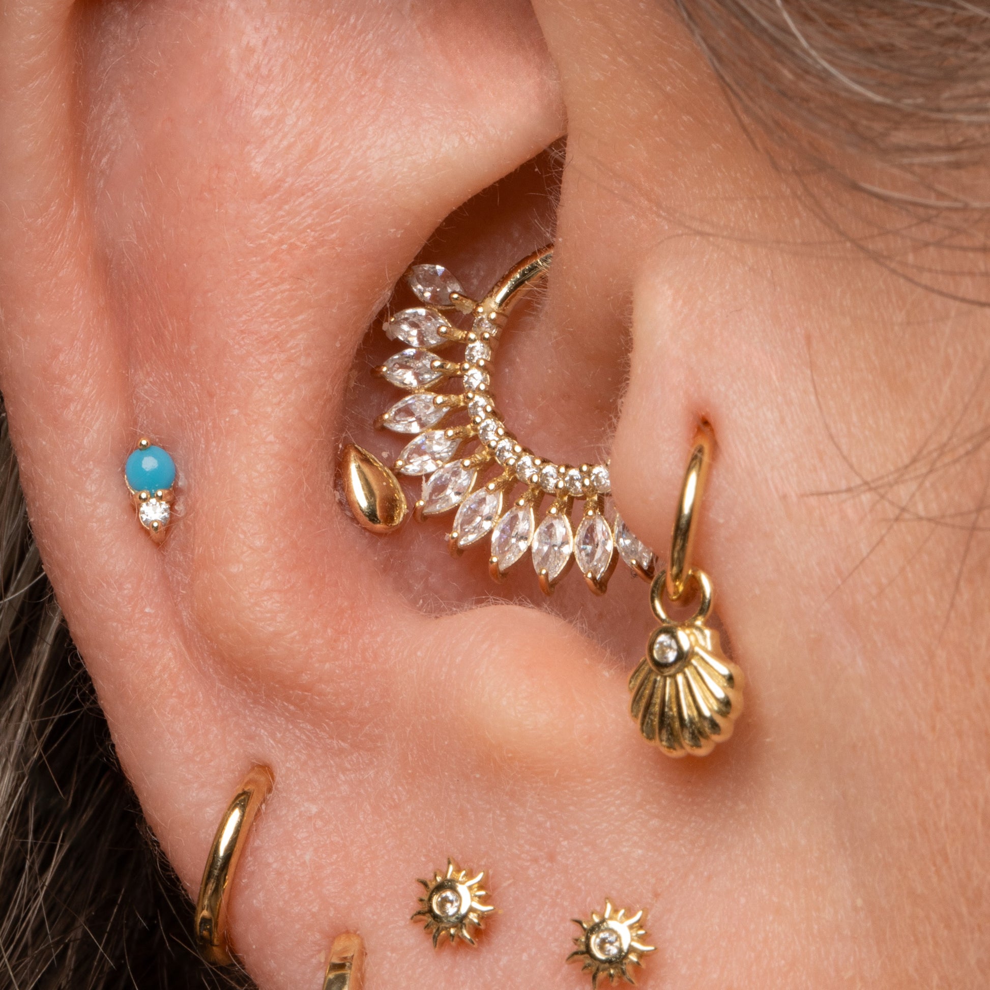 9k solid yellow gold marquise Sun Blast 8mm 16g daith hoop Huggies and Hoops Laura Bond Jewellery