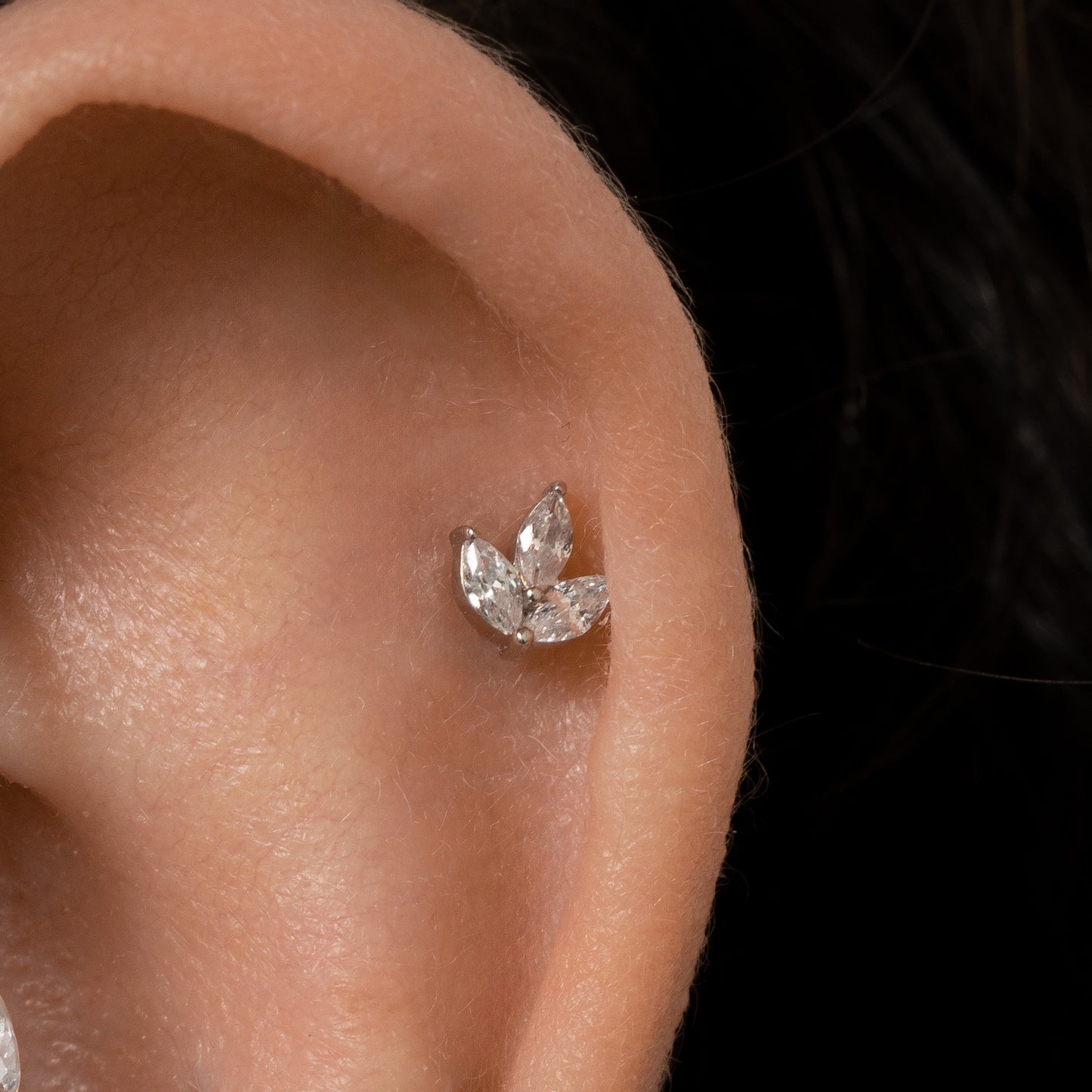 14k solid white gold Petal flat back labret stud earring 8mm Cartilage Studs Laura Bond Jewellery