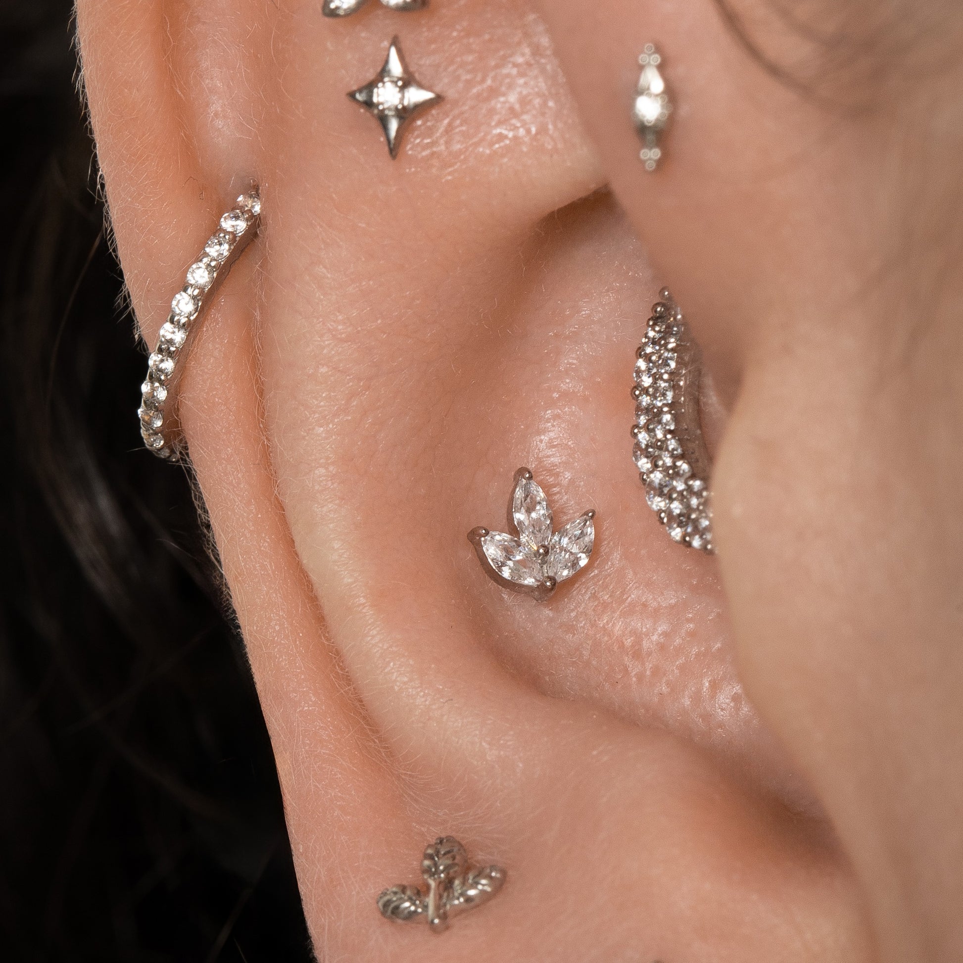 14k solid white gold Petal flat back labret stud earring 8mm Cartilage Studs Laura Bond Jewellery