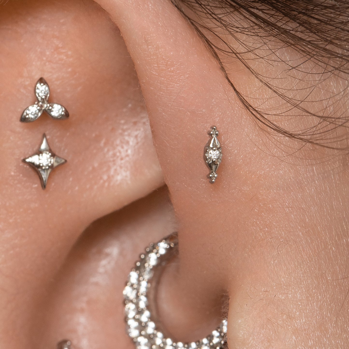 14k solid white gold Mira flat back labret stud earring 8mm Cartilage Studs Laura Bond Jewellery