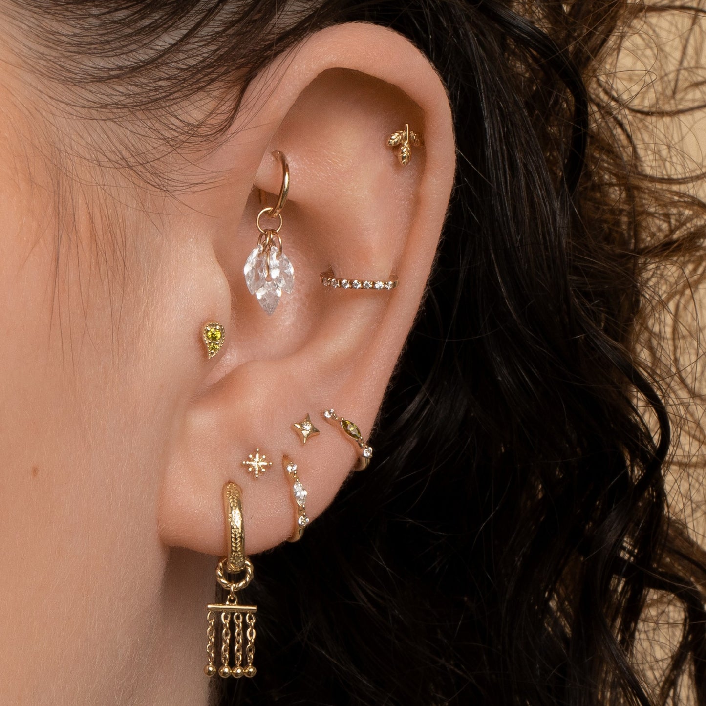 Laura Bond 9k solid yellow gold olive green Paisley flat back labret stud earring 6mm Cartilage Studs