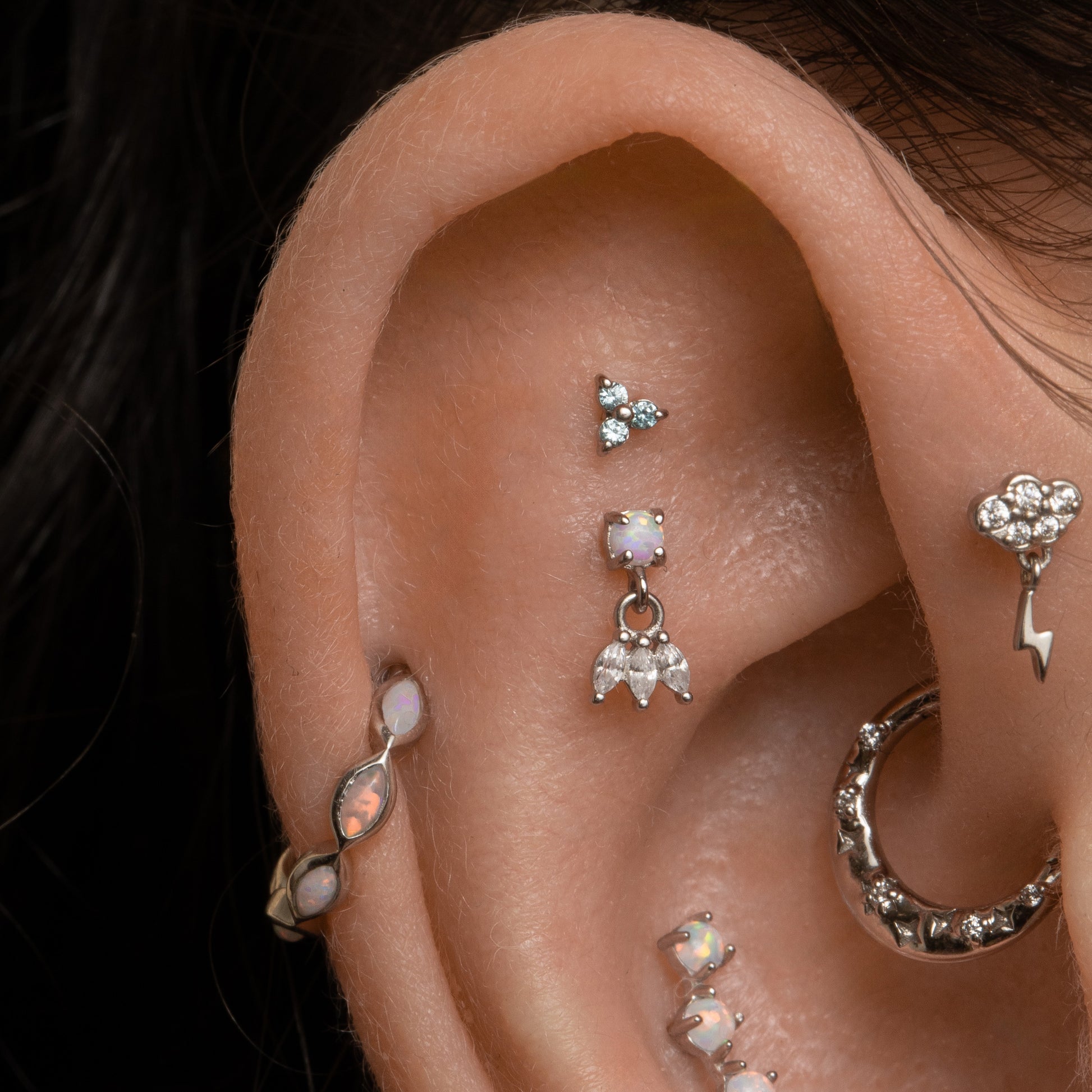 Laura Bond Jewellery Bold and Gold Edinburgh 9k solid white gold opal hanging lotus flat back labret stud earring Cartilage Studs
