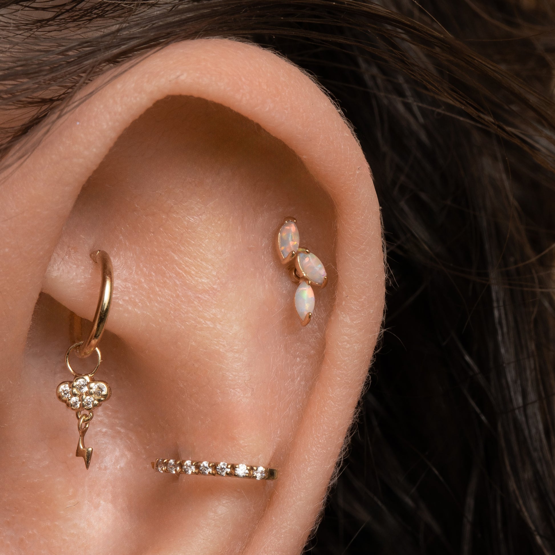 Laura Bond Jewellery Bold and Gold Edinburgh 9k solid yellow gold opal cascade flat back labret stud earring Cartilage Studs