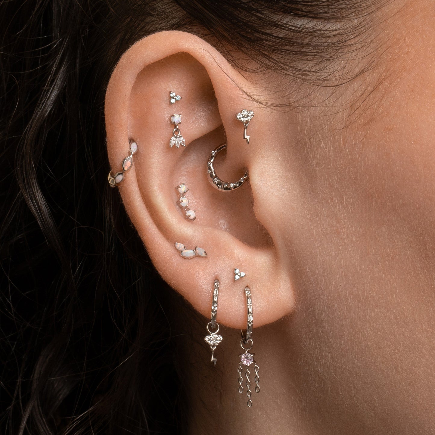 Laura Bond Jewellery Bold and Gold Edinburgh 9k solid white gold opal hanging lotus flat back labret stud earring Cartilage Studs