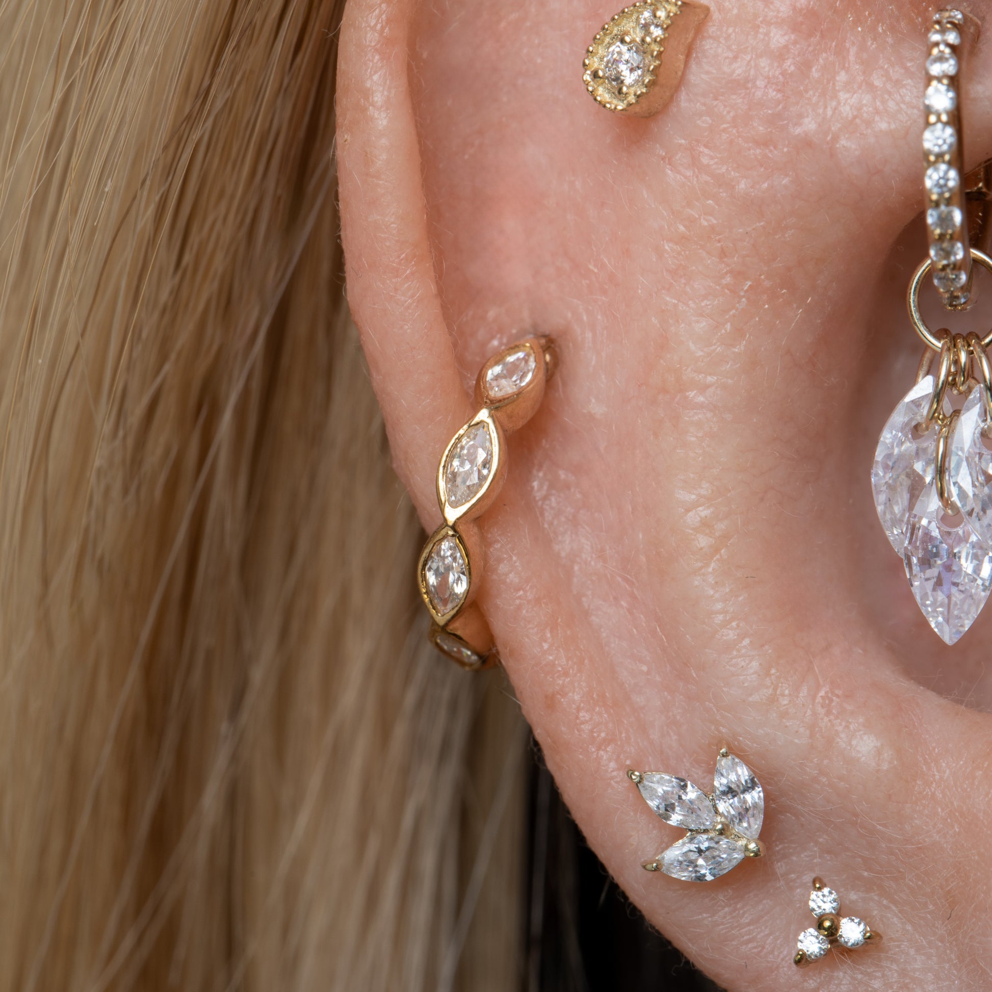 9k solid yellow gold 16g marquise crystal clicker hoop earring Huggies and Hoops Laura Bond Jewellery
