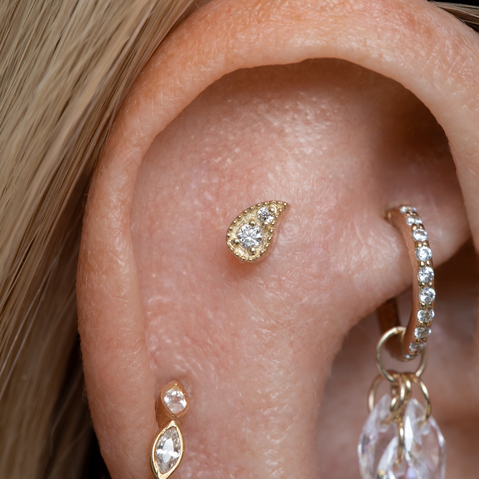 9k solid yellow gold Paisley flat back labret stud earring 6mm Cartilage Studs Laura Bond Jewellery