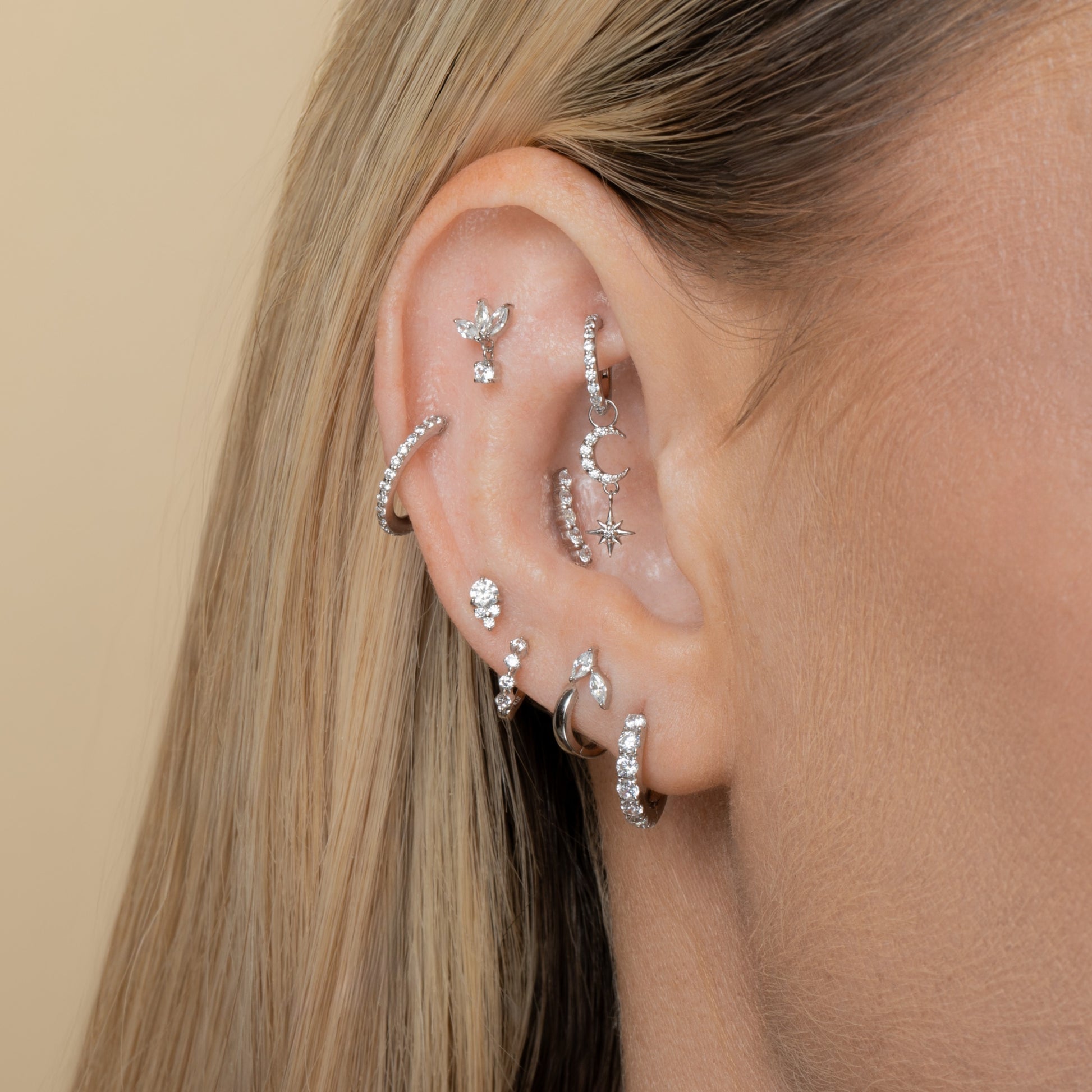 Laura Bond Jewellery 14k solid white gold Twin Bloom flat back labret stud earring 8mm Cartilage Studs