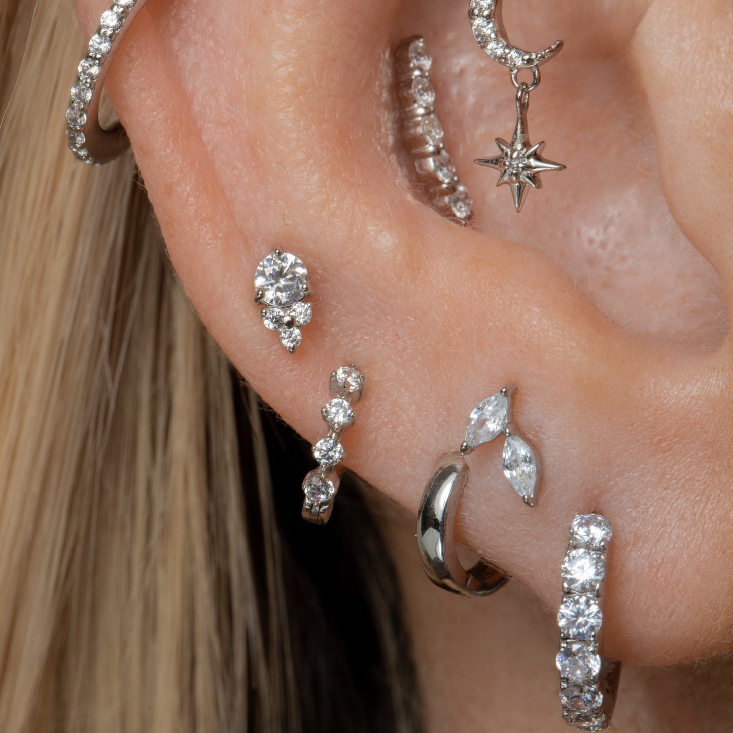 Laura Bond Jewellery 14k solid white gold Twin Bloom flat back labret stud earring 8mm Cartilage Studs