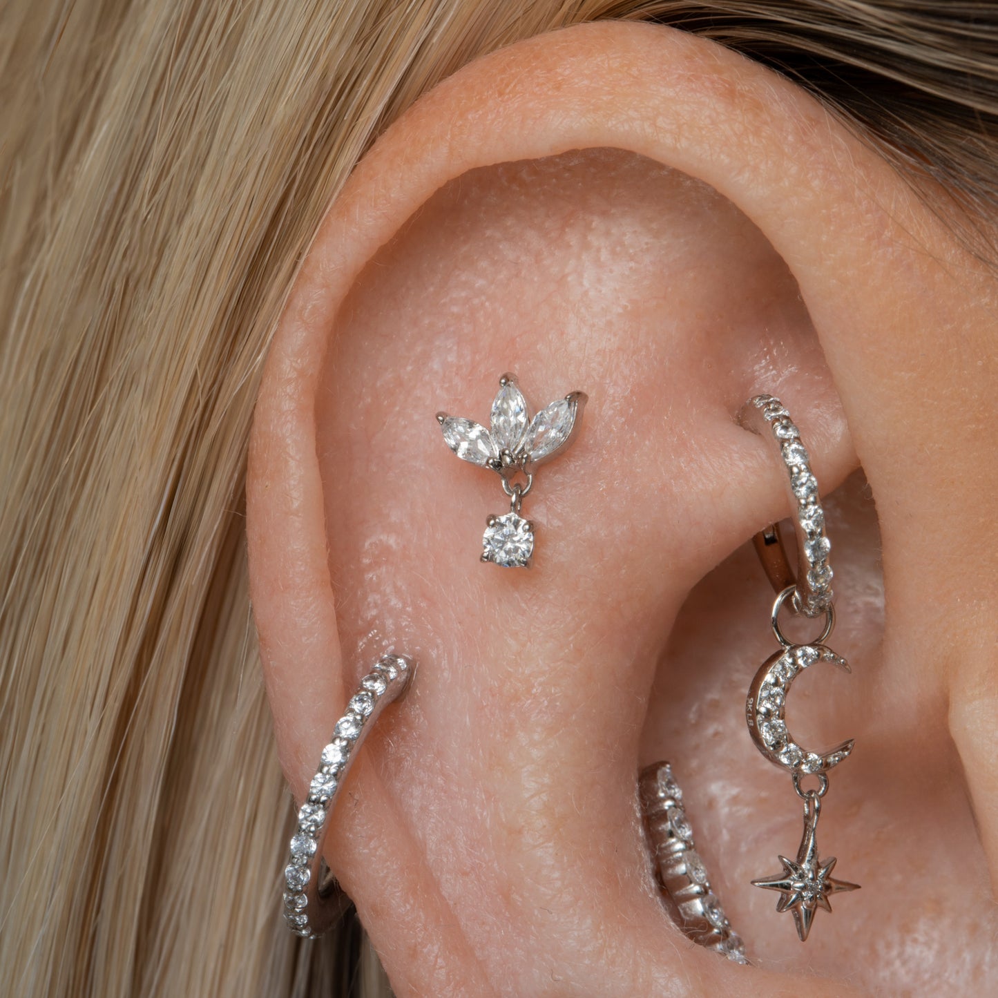 Laura Bond Jewellery 9k solid white gold Lotus drop flat back labret stud earring 6mm Cartilage Studs