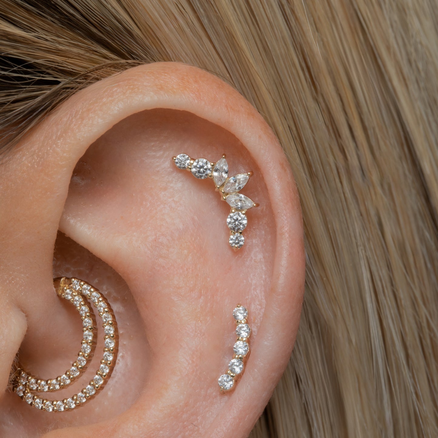 Laura Bond Jewellery 14k solid yellow gold Glow Arc flat back labret stud earring 8mm Cartilage Studs