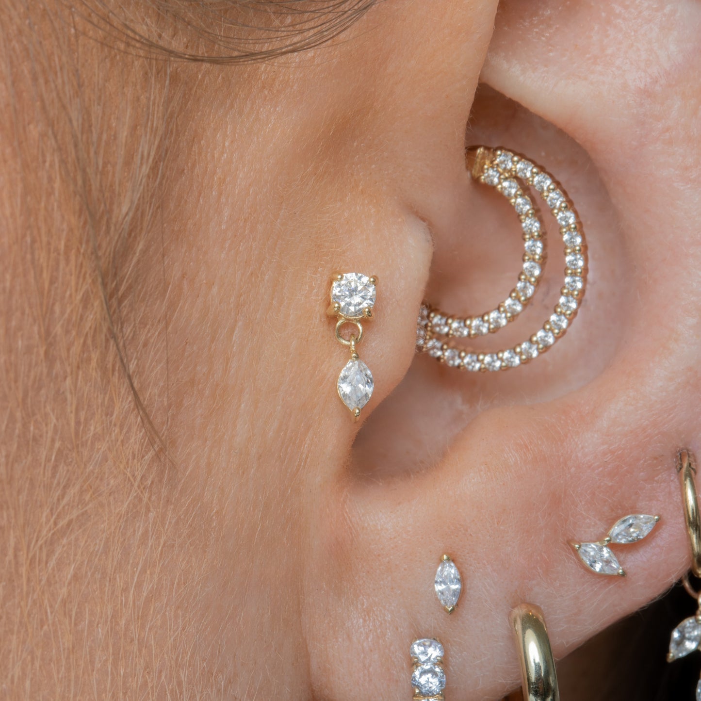 Laura Bond Jewellery 9k solid yellow gold Crystal Moon Drop flat back labret stud earring 6mm Cartilage Studs
