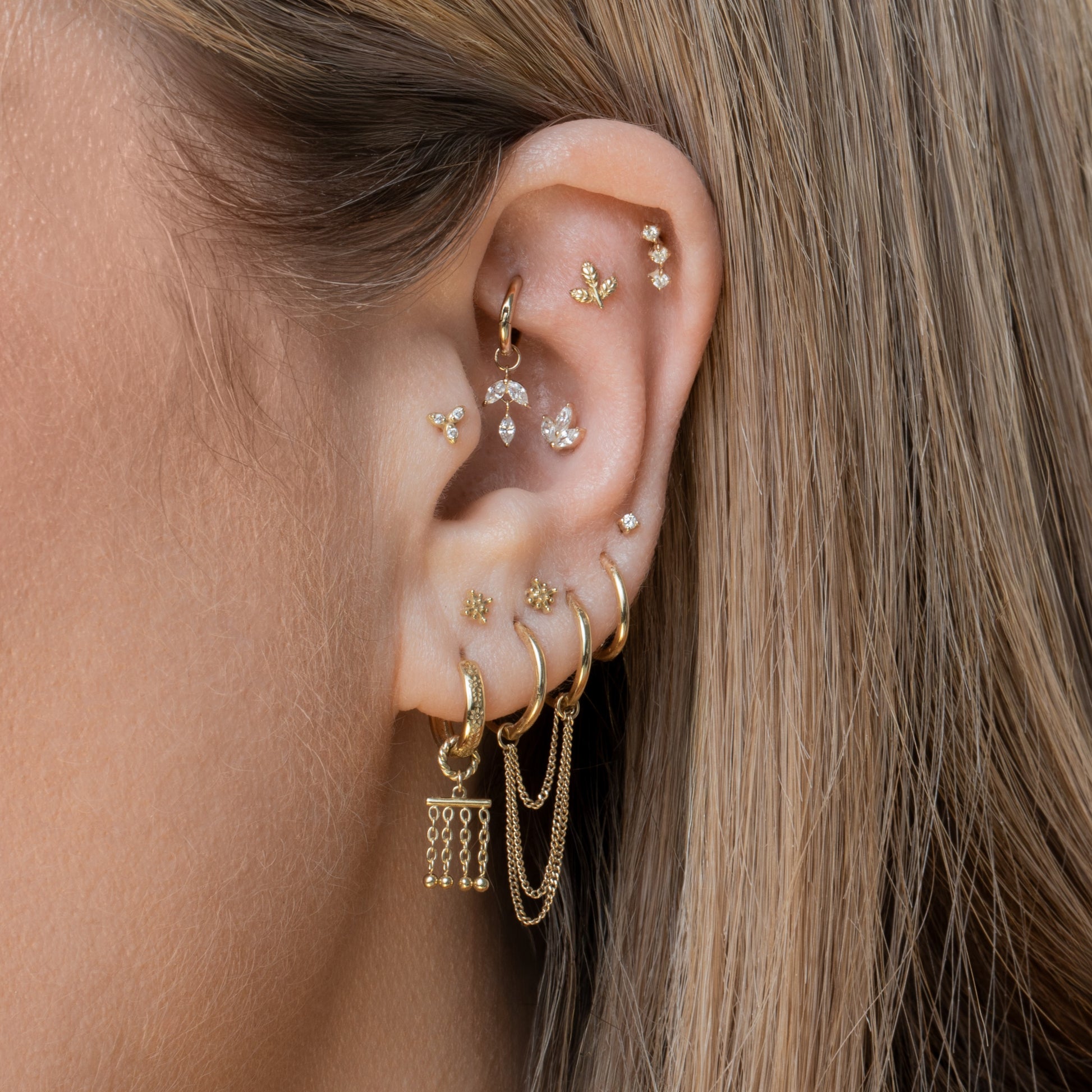 Laura Bond Jewellery 14k solid yellow gold diamond trinity flat back labret stud earring Cartilage Studs