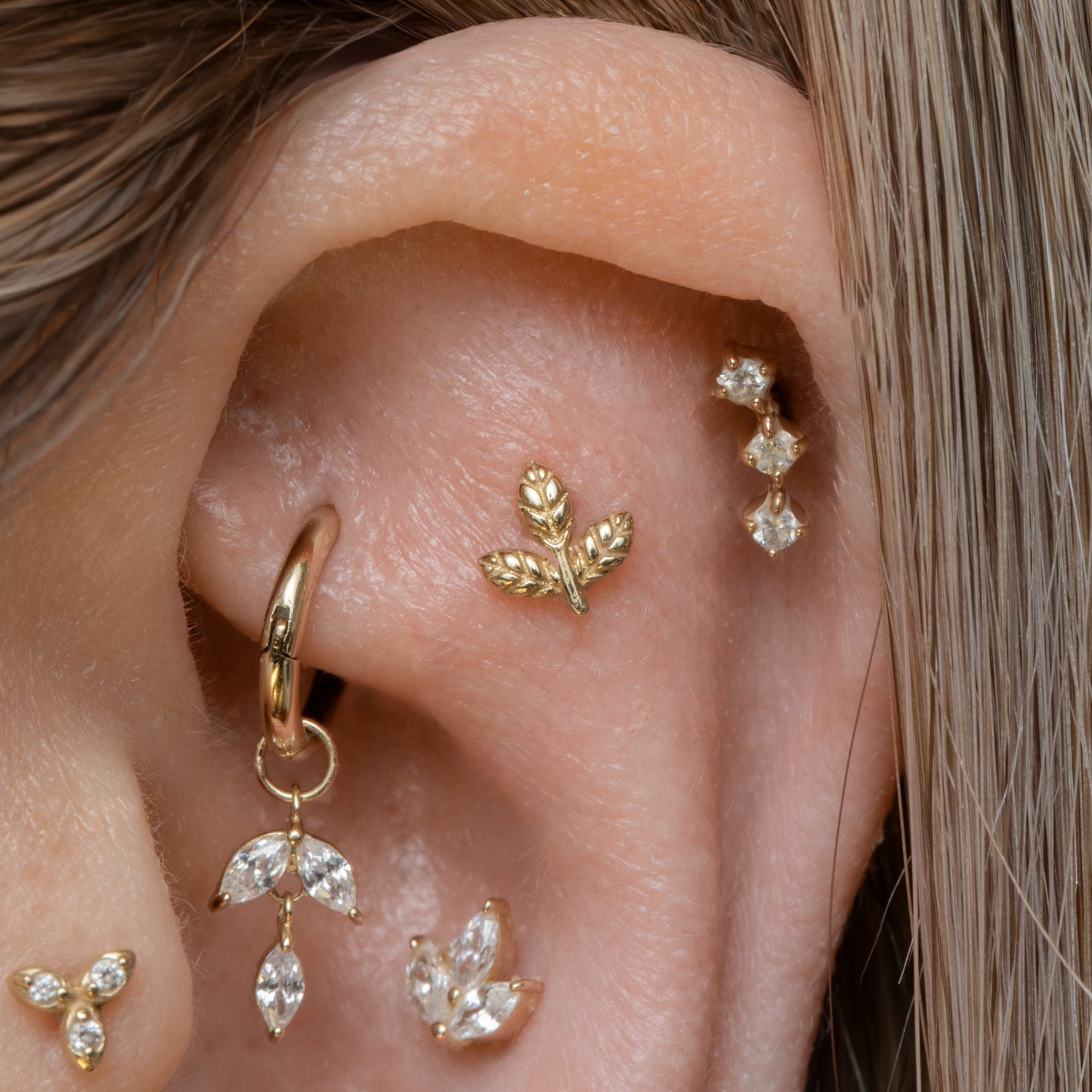 Laura Bond Jewellery 14k solid yellow gold diamond trinity flat back labret stud earring Cartilage Studs