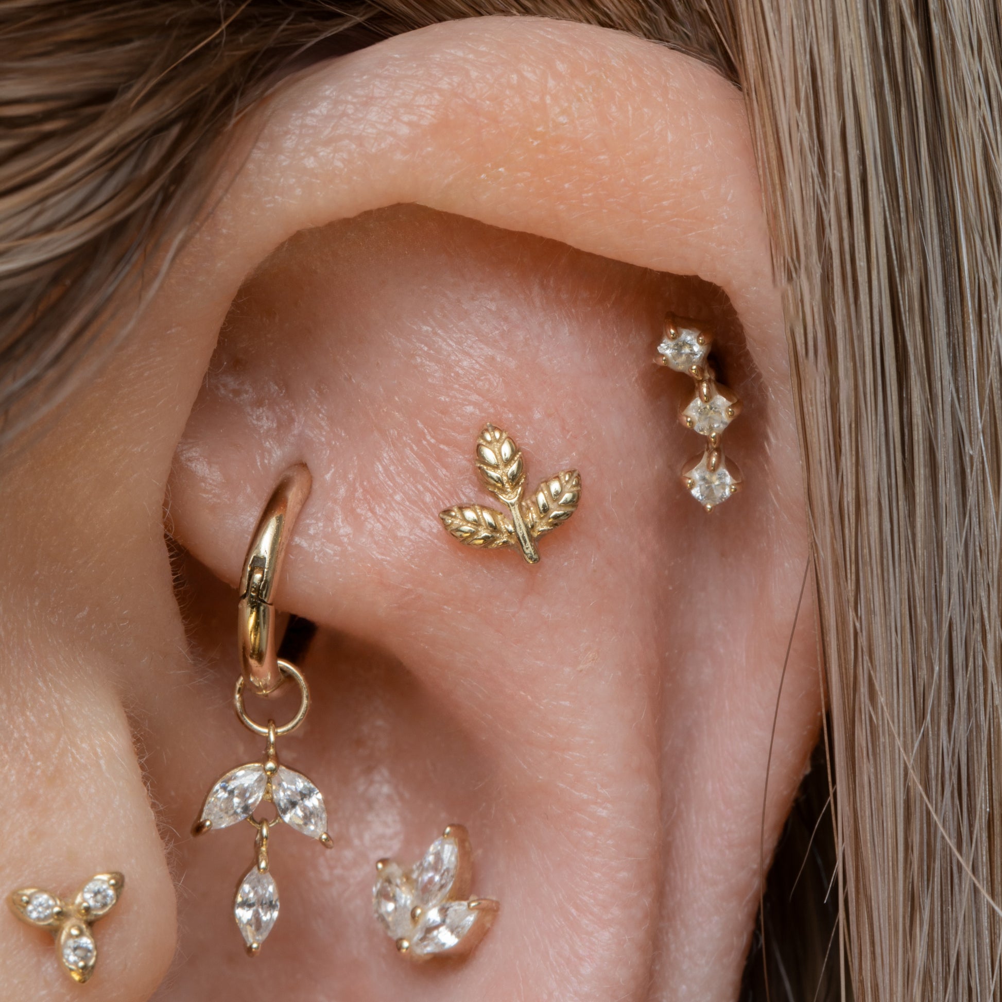 Laura Bond Jewellery 14k solid yellow gold diamond trinity flat back labret stud earring Cartilage Studs