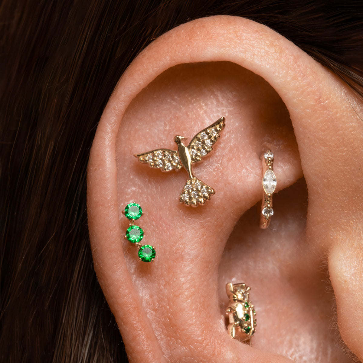 14k solid yellow gold green trinity flat back labret stud earring 8mm Cartilage Studs Laura Bond Jewellery