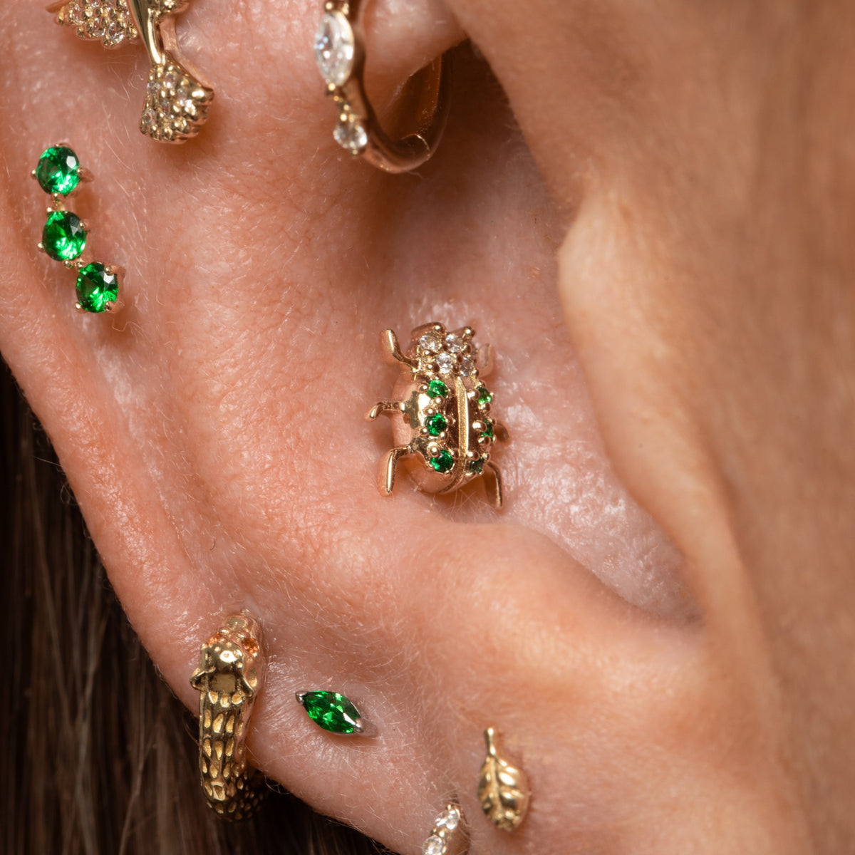 9k solid yellow gold Jewelled Beetle flat back labret stud earring 6mm Cartilage Studs Laura Bond Jewellery
