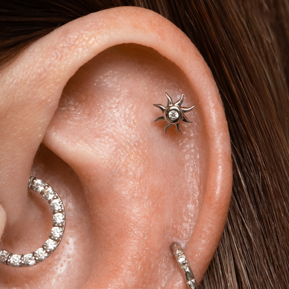 14k solid white gold Wavy Sun flat back labret stud earring 8mm Cartilage Studs Laura Bond Jewellery
