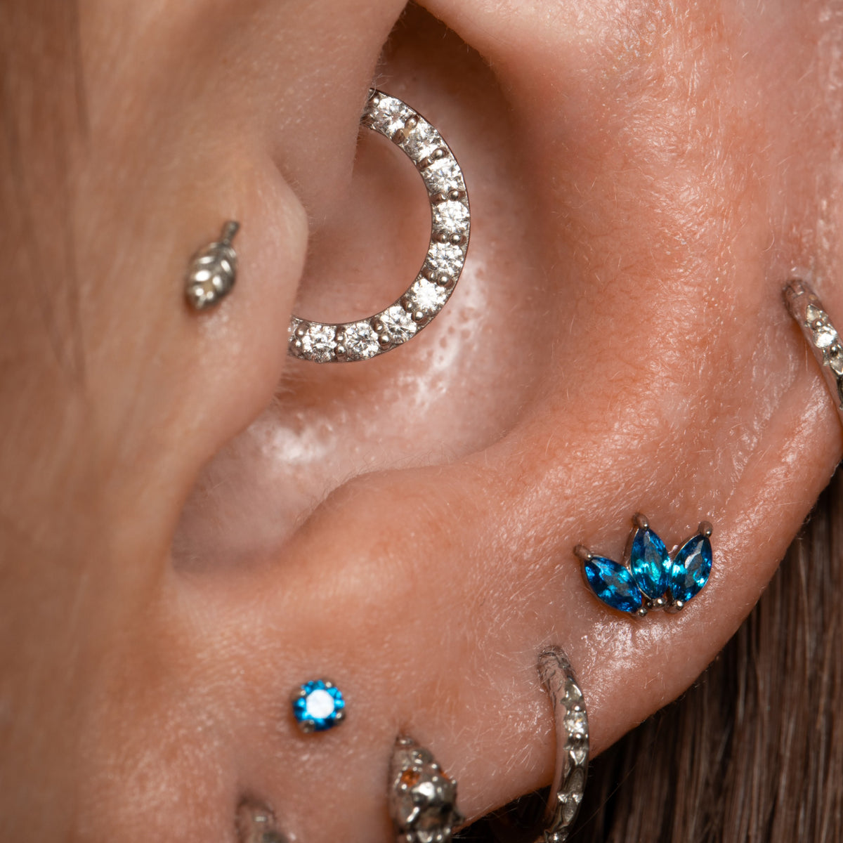 14k solid white gold blue Lotus flat back labret stud earring 8mm Cartilage Studs Laura Bond Jewellery