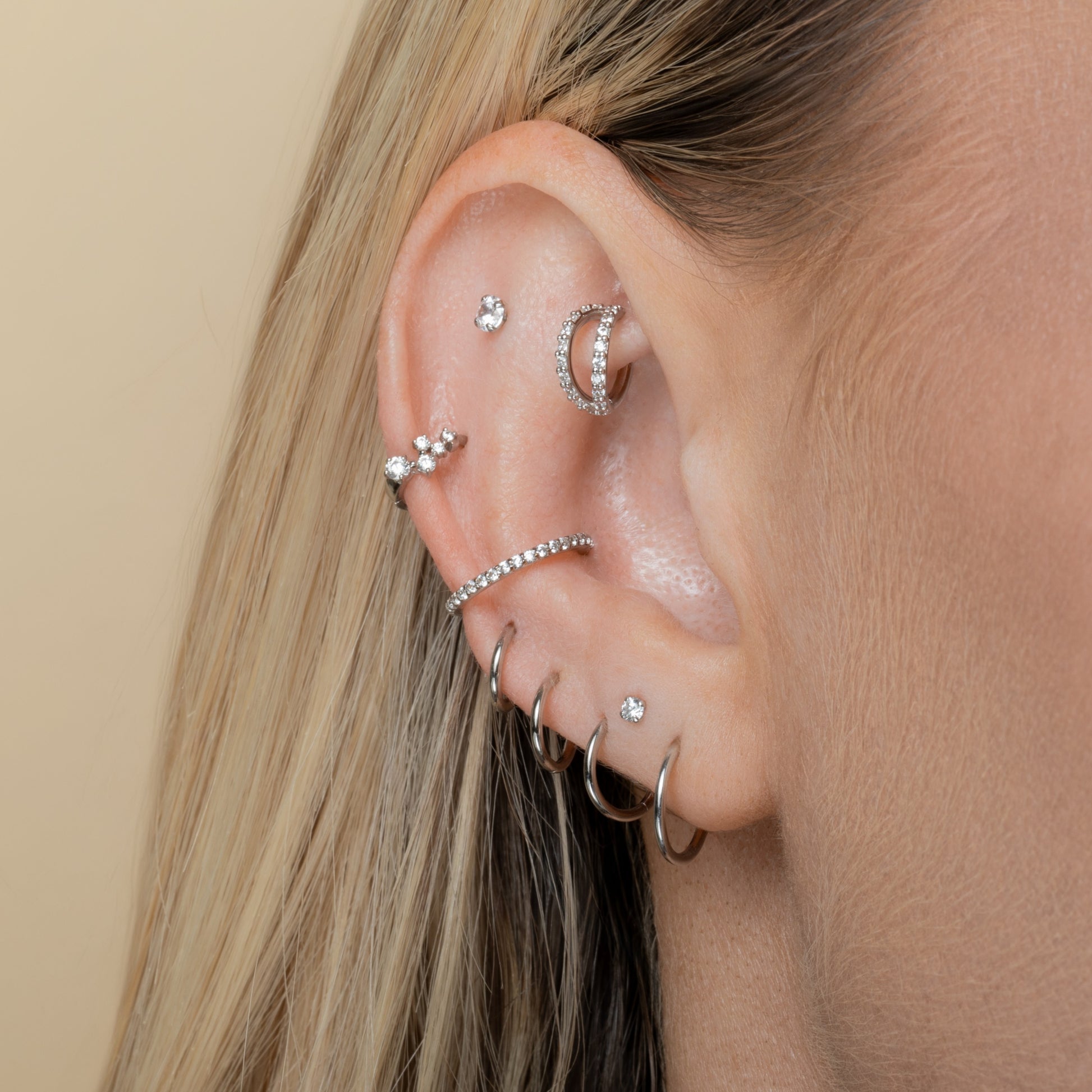 14k solid white gold 2mm tiny crystal gem flat back labret stud earring 8mm Cartilage Studs Laura Bond Jewellery