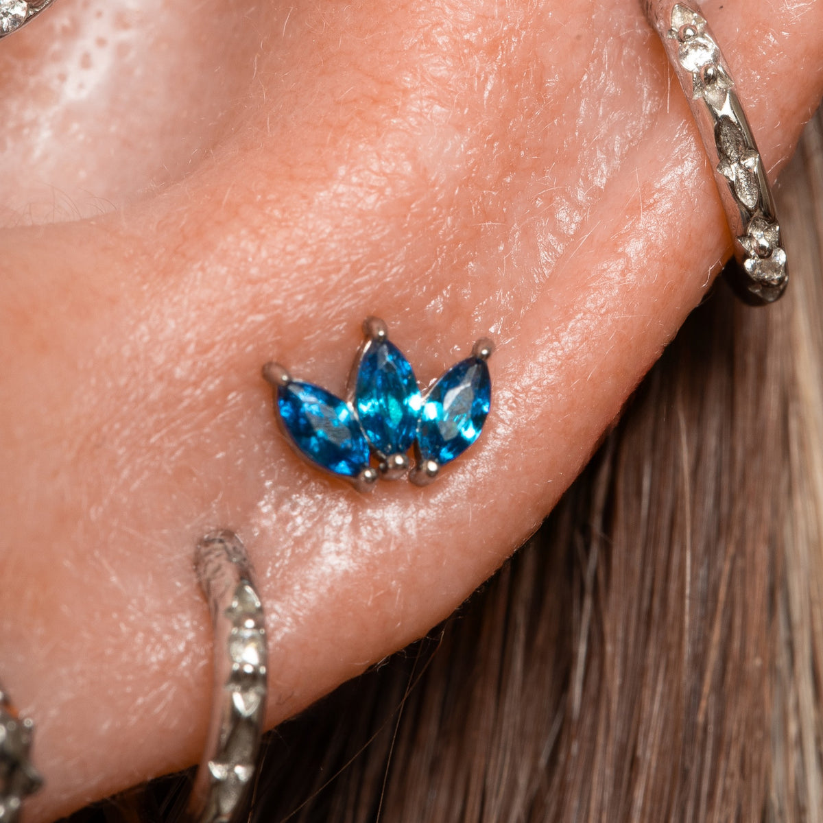 14k solid white gold blue Lotus flat back labret stud earring 8mm Cartilage Studs Laura Bond Jewellery