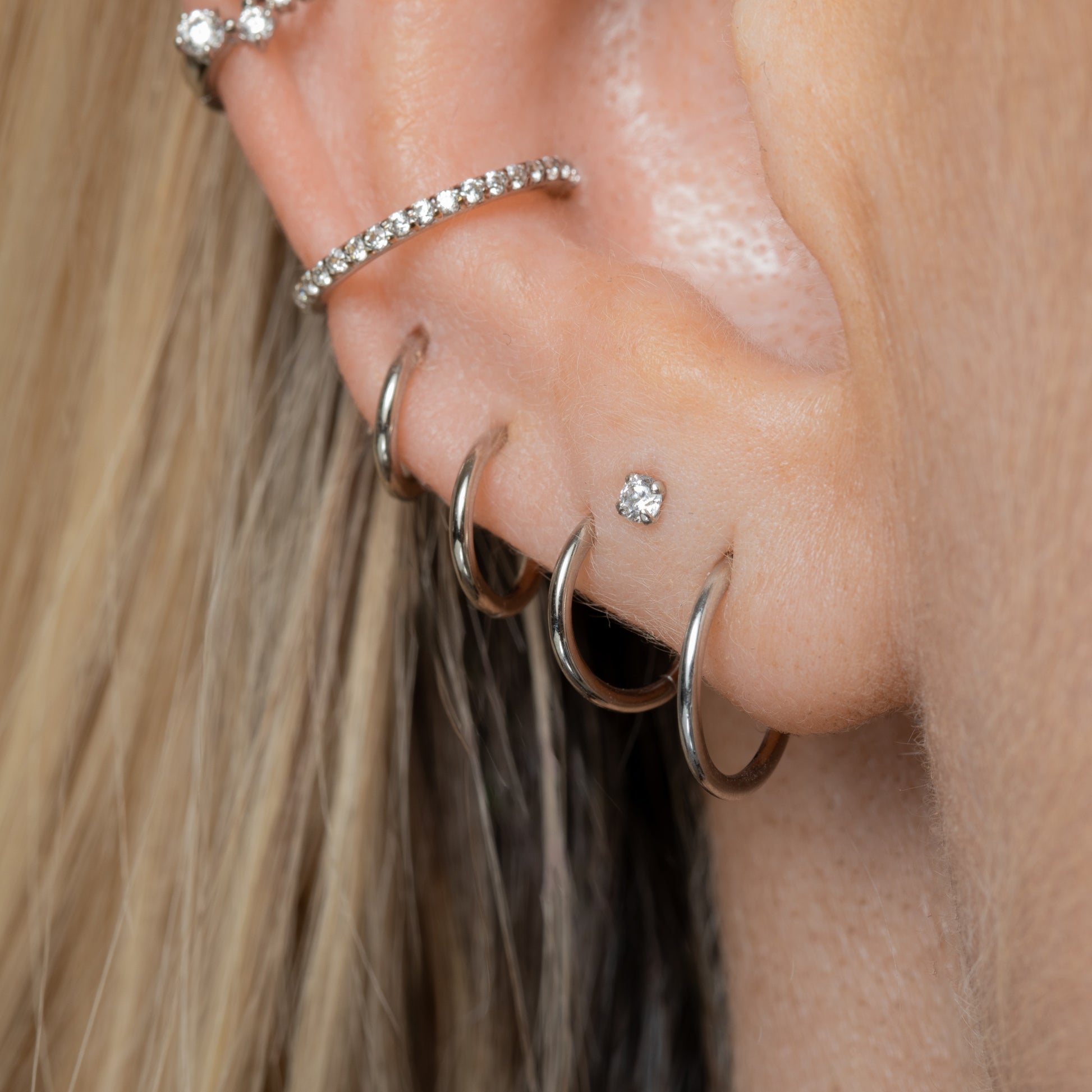 14k solid white gold 2mm tiny crystal gem flat back labret stud earring 8mm Cartilage Studs Laura Bond Jewellery