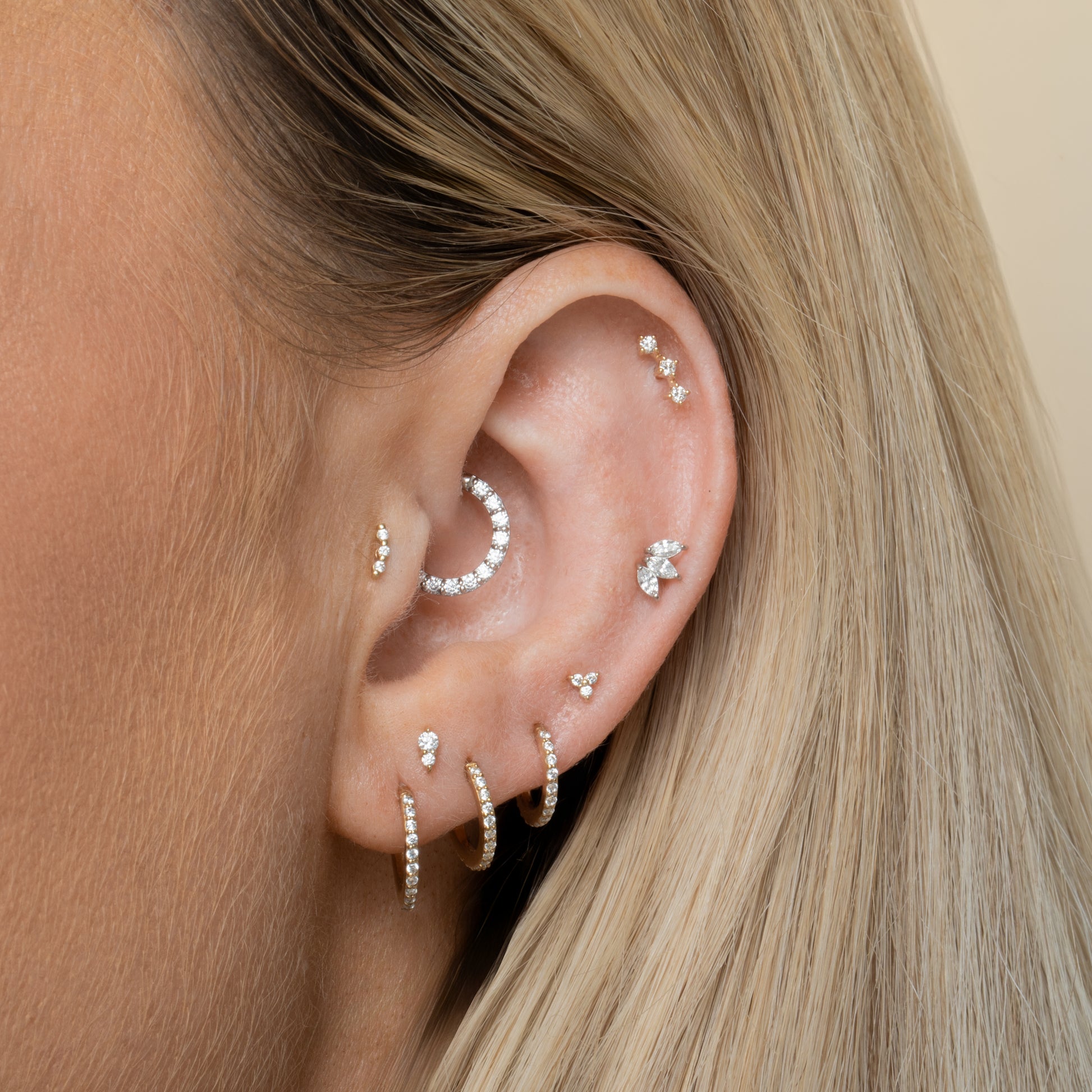 Laura Bond Jewellery 14k solid yellow gold diamond trinity flat back labret stud earring Cartilage Studs