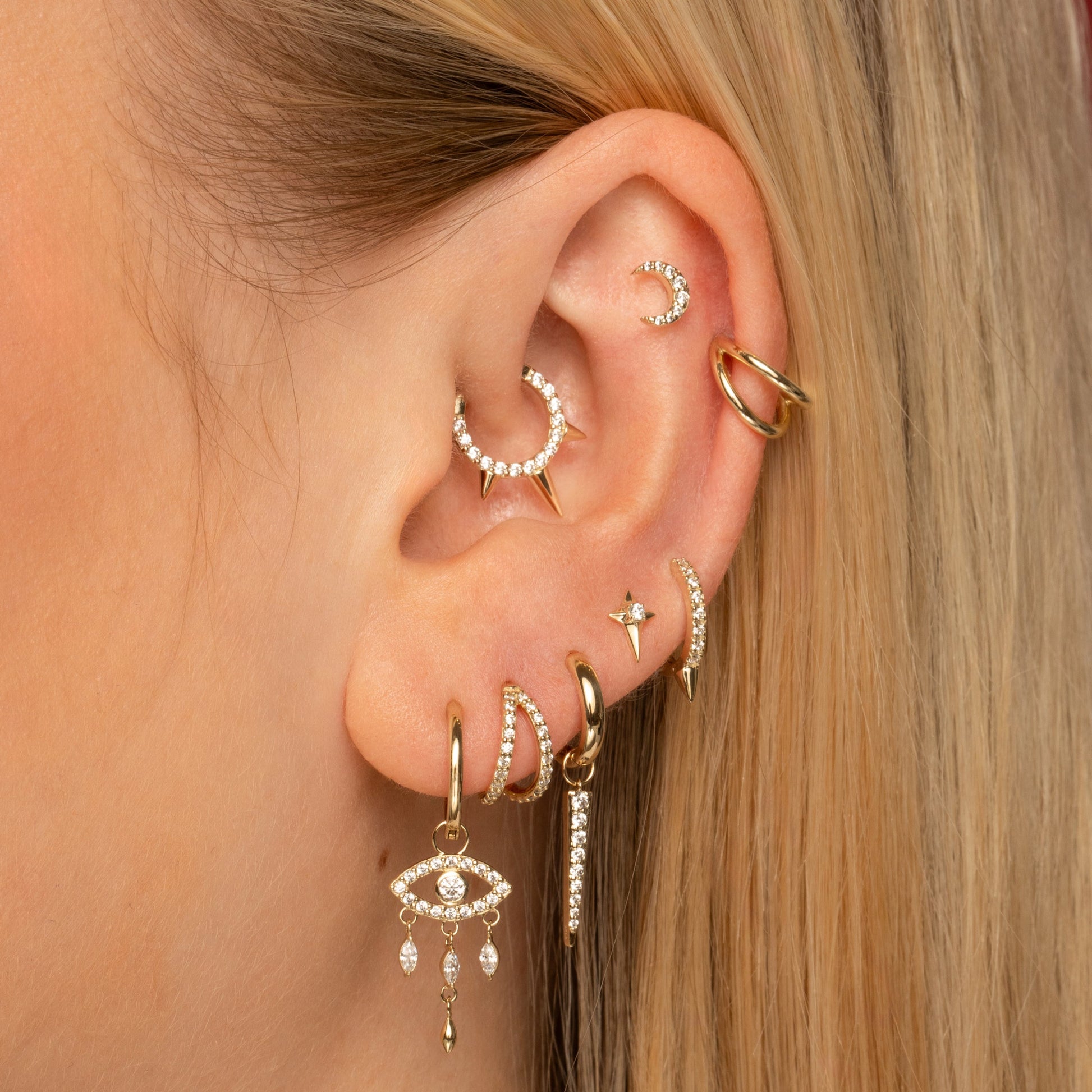 Laura Bond Jewellery 9k solid yellow gold crystal triple spike clicker hoop earring for daith or septum 8mm Huggies and Hoops