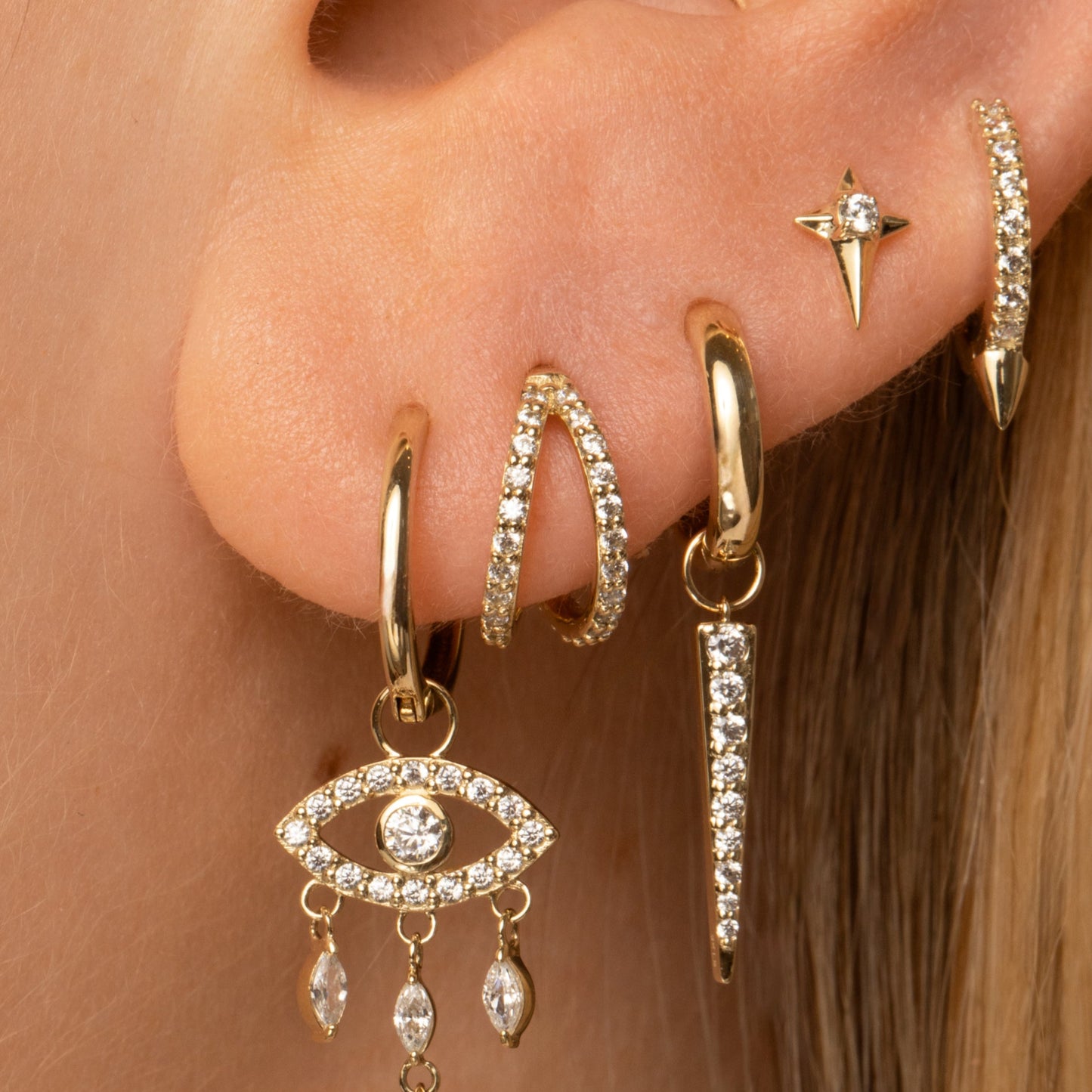 Laura Bond Jewellery 9k solid yellow gold double crystal clicker clicker hoop earring Huggies and Hoops