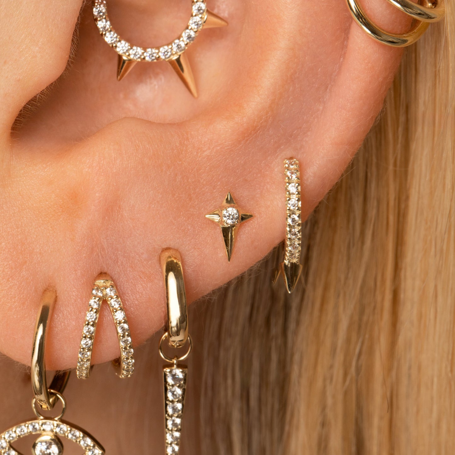 Laura Bond Jewellery 9k solid yellow gold Eclipta star flat back labret stud earring Cartilage Studs