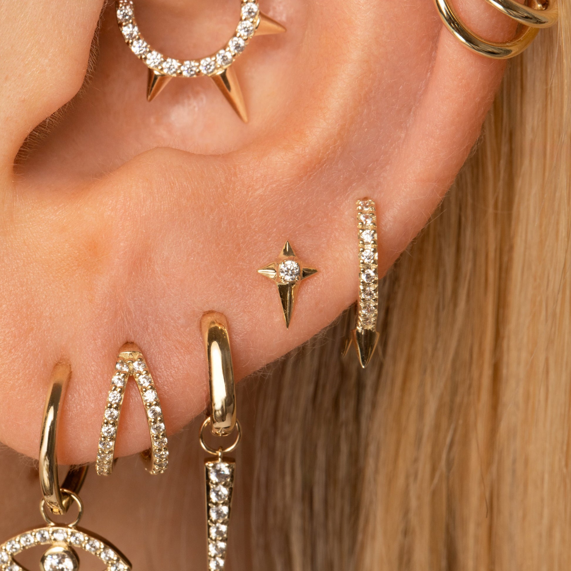 Laura Bond Jewellery 9k solid yellow gold Eclipta star flat back labret stud earring Cartilage Studs
