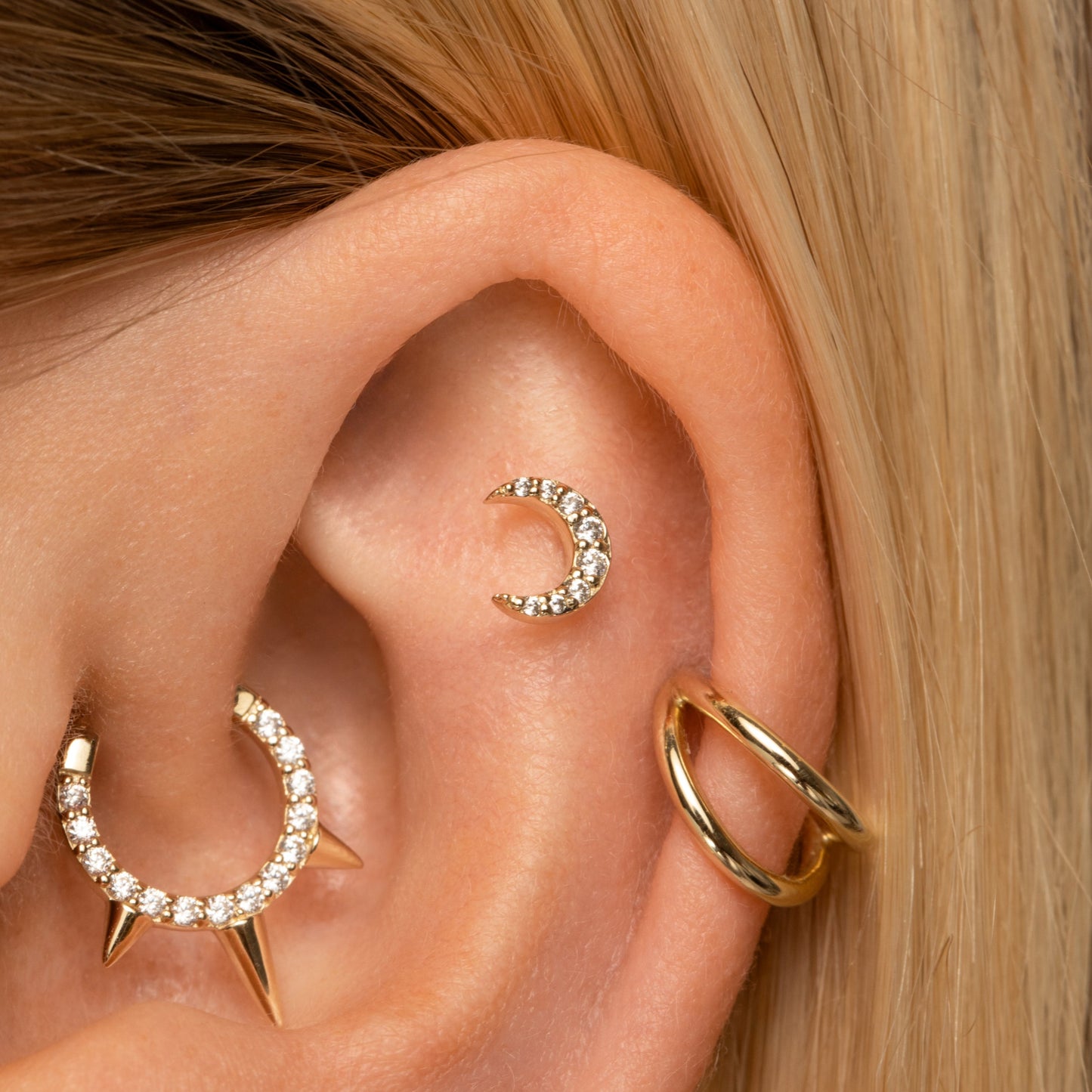 Laura Bond Jewellery 9k solid yellow gold Lunette moon flat back labret stud earring Cartilage Studs
