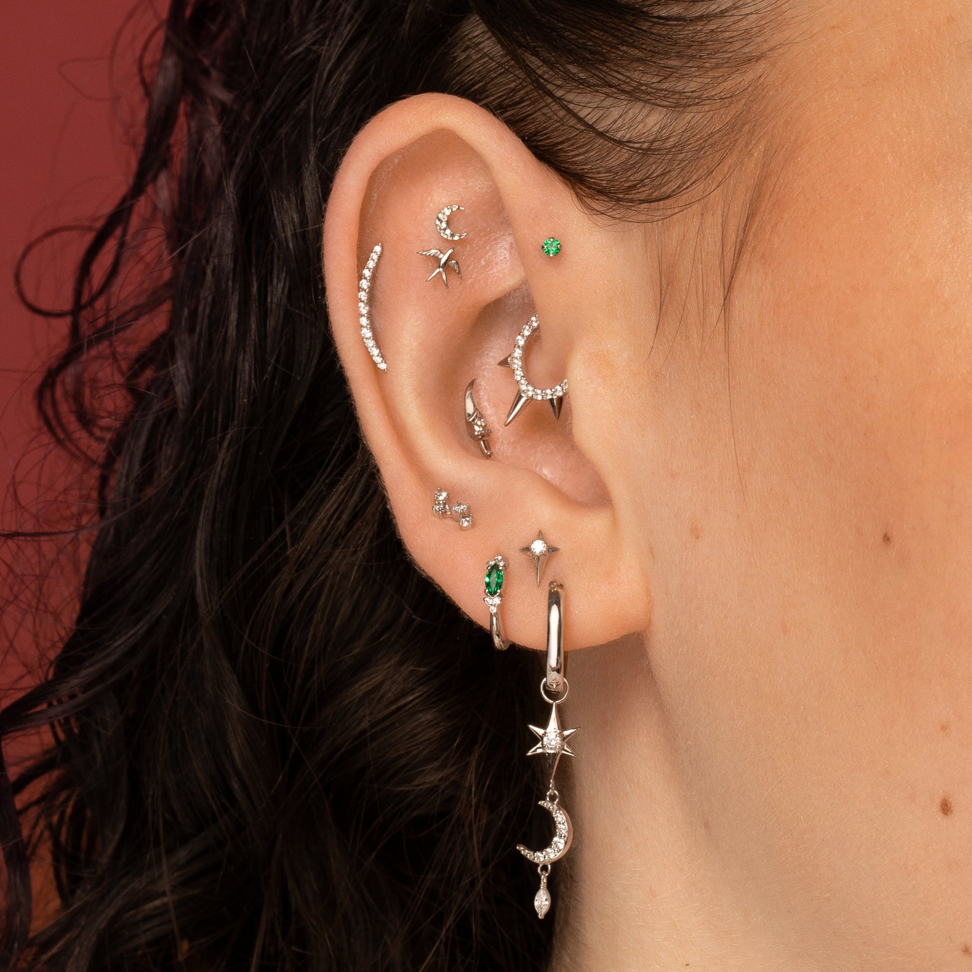 Laura Bond Jewellery 9k solid white gold hammered moon flat back labret stud earring Cartilage Studs