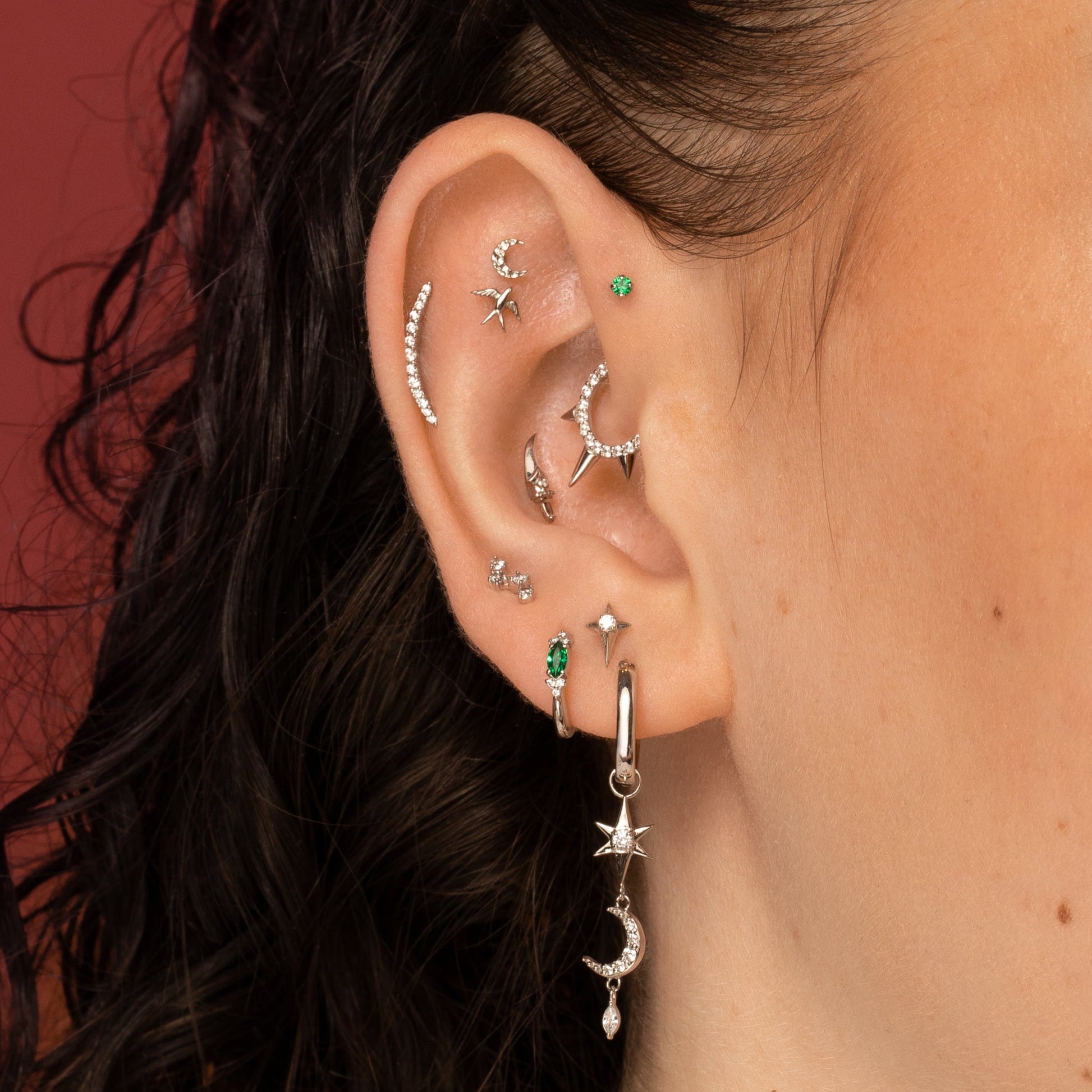 Laura Bond Jewellery 9k solid white gold Eclipta star flat back labret stud earring Cartilage Studs